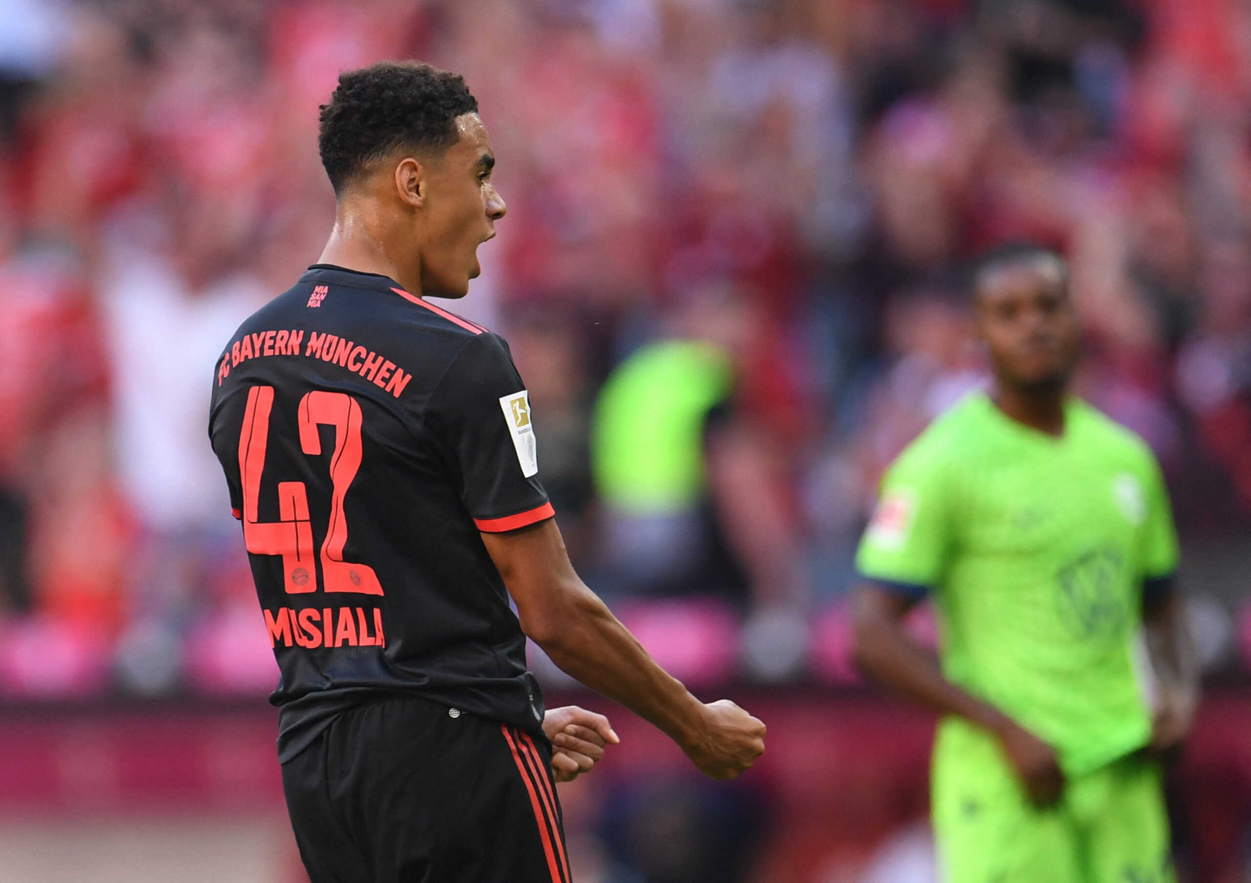 Soccer Football - Bundesliga - Bayern Munich v VfL Wolfsburg - Allianz Arena, Munich, Germany - August 14, 2022 Bayern Munich's Jamal Musiala celebrates scoring their first goal REUTERS