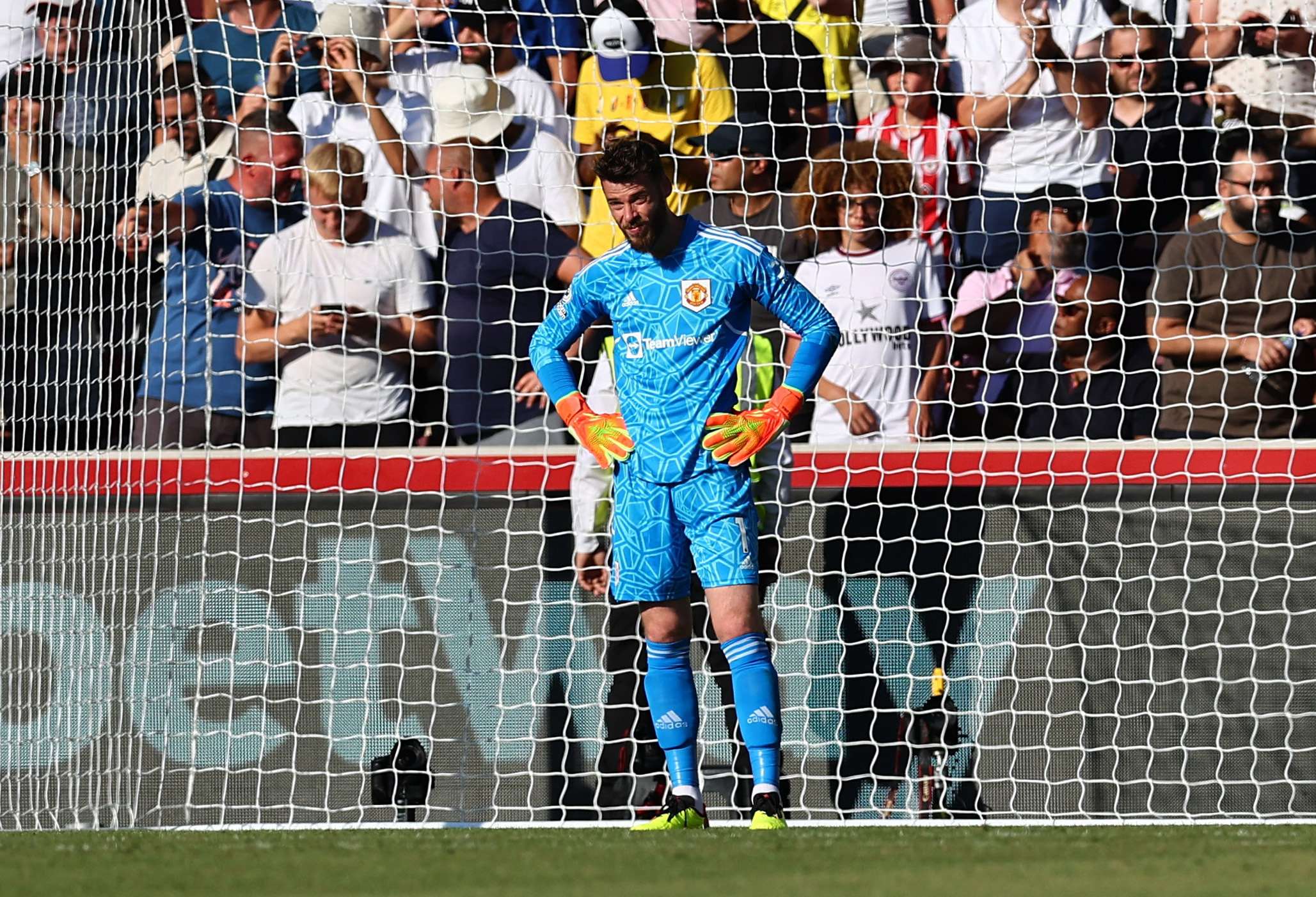 Soccer Football - Premier League - Brentford v Manchester United - Brentford Community Stadium, London, Britain - August 13, 2022 Manchester United's David de Gea looks dejected after Brentford's Mathias Jensen scores their second goal REUTERS