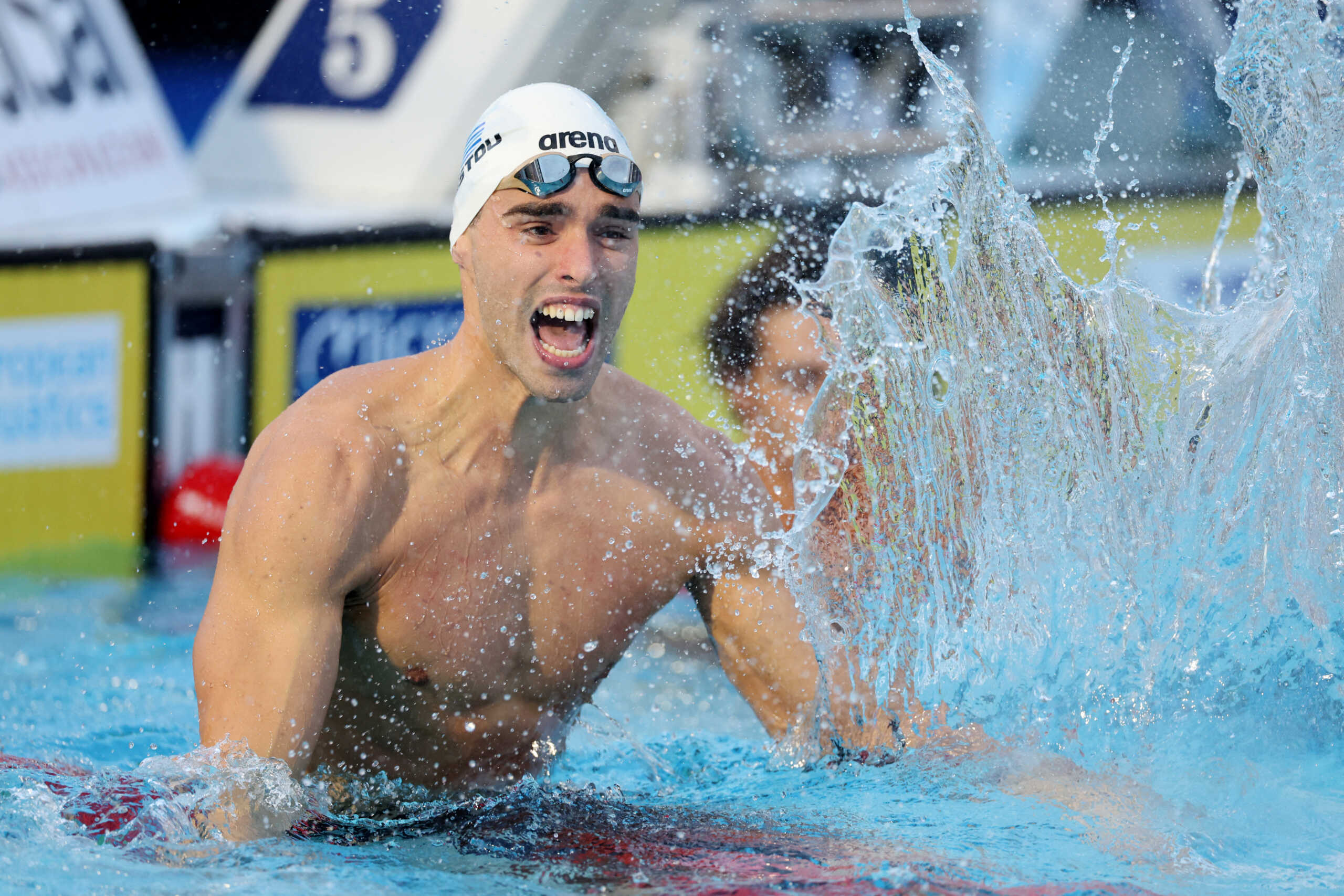 Swimming - European Aquatics Championships - Stadio Olimpico del Nuoto, Rome, Italy - August 15, 2022 Greece's Apostolos Christou celebrates after winning the men's 50m backstroke final REUTERS