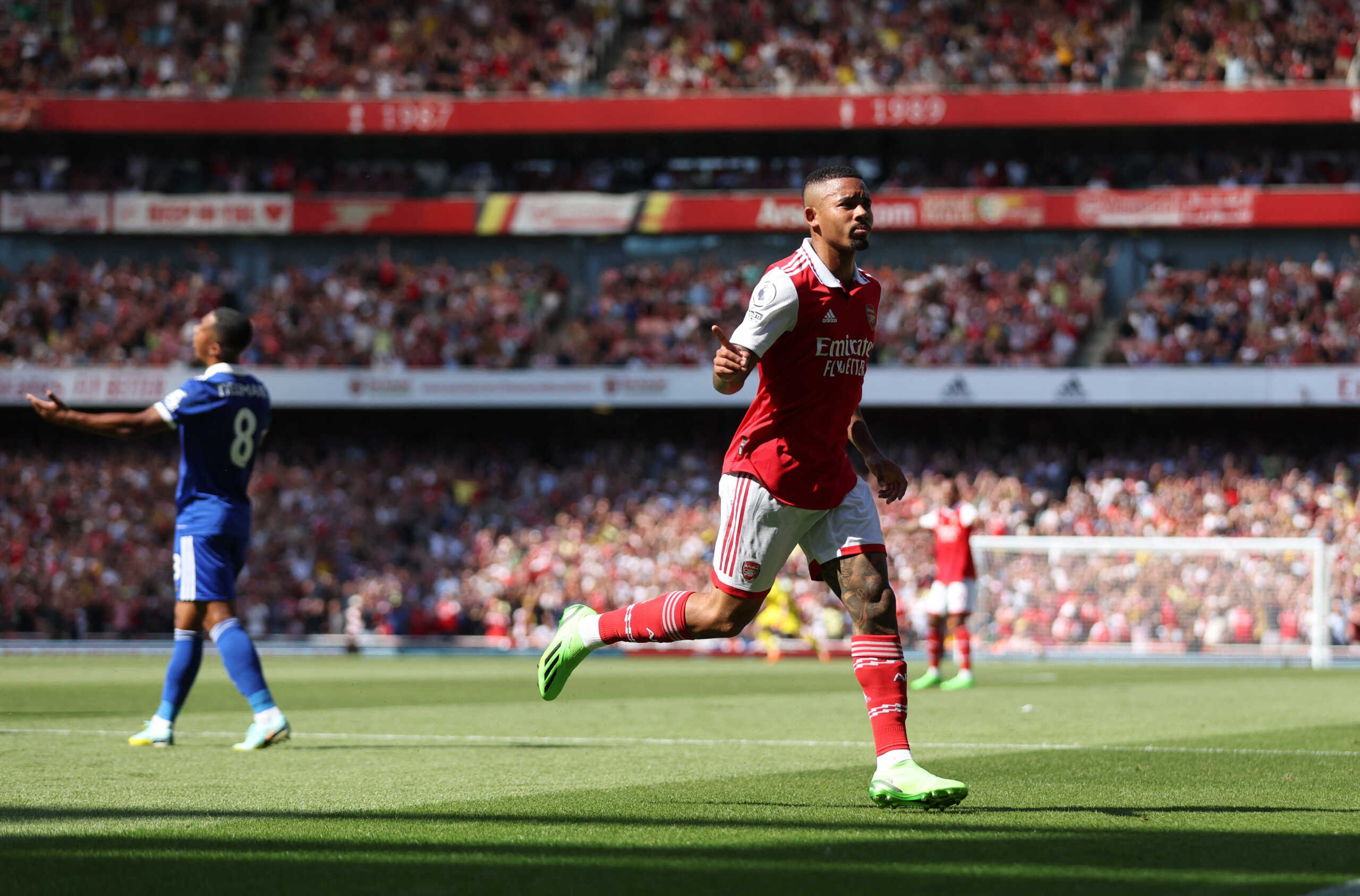 Soccer Football - Premier League - Arsenal v Leicester City - Emirates Stadium, London, Britain - August 13, 2022  Arsenal's Gabriel Jesus celebrates scoring their first goal Action Images via Reuters