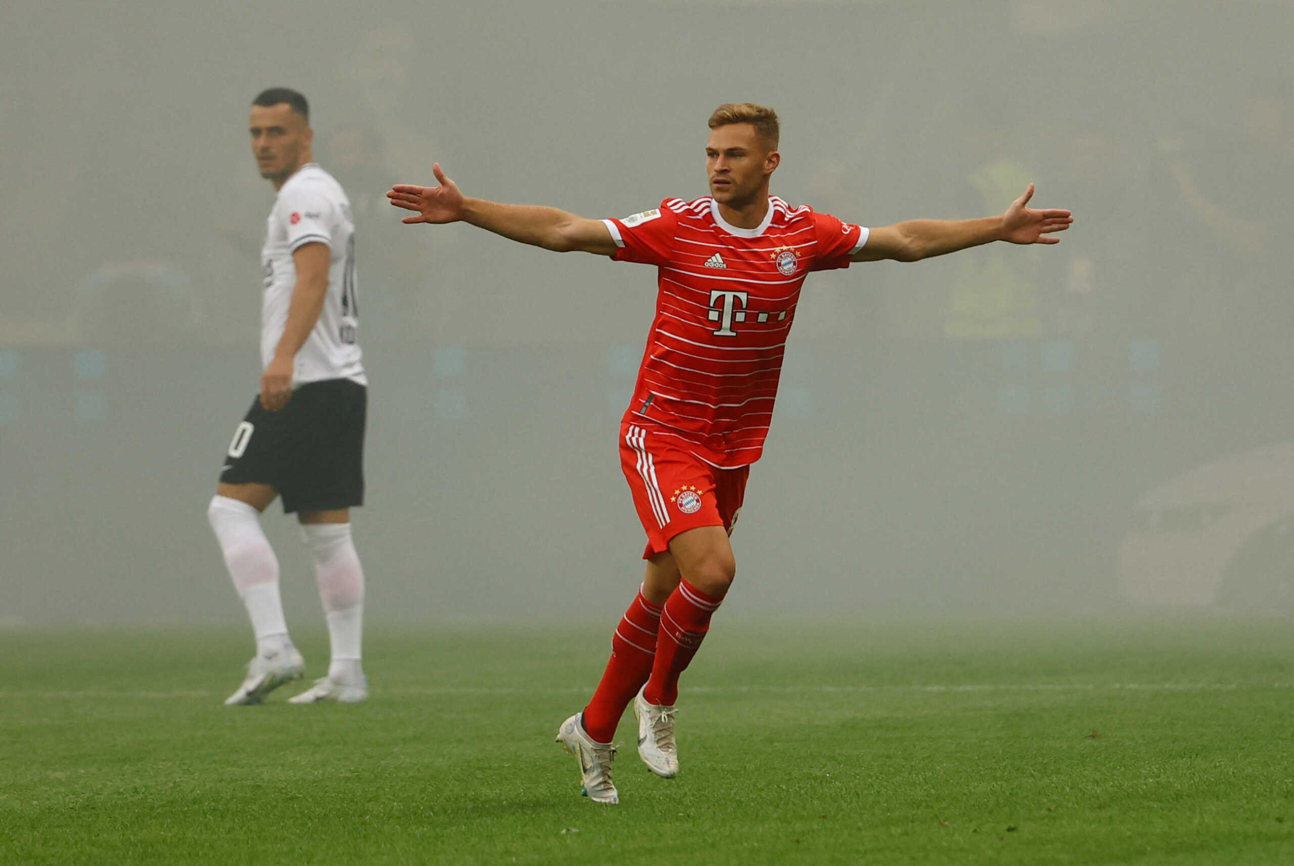 Soccer Football - Bundesliga - Eintracht Frankfurt v Bayern Munich - Deutsche Bank Park, Frankfurt, Germany - August 5, 2022 Bayern Munich's Joshua Kimmich celebrates scoring their first goal REUTERS