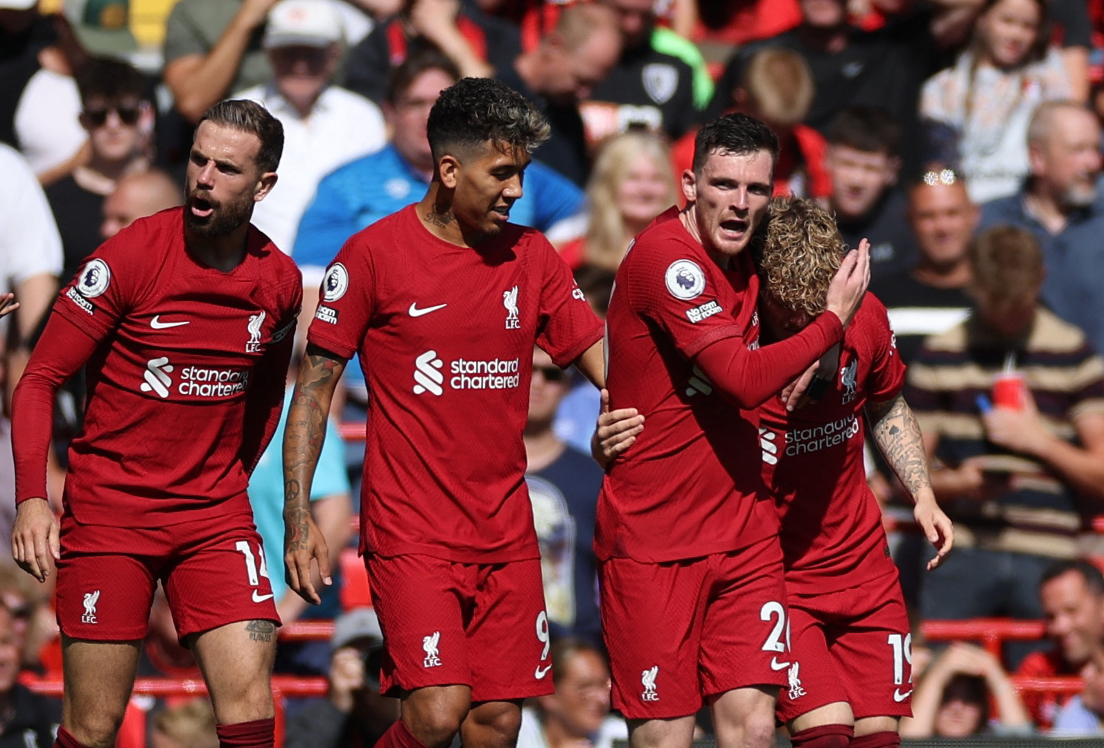 Soccer Football - Premier League - Liverpool v AFC Bournemouth - Anfield, Liverpool, Britain - August 27, 2022   Liverpool's Harvey Elliott celebrates scoring their second goal with Andrew Robertson, Roberto Firmino and Jordan Henderson REUTERS