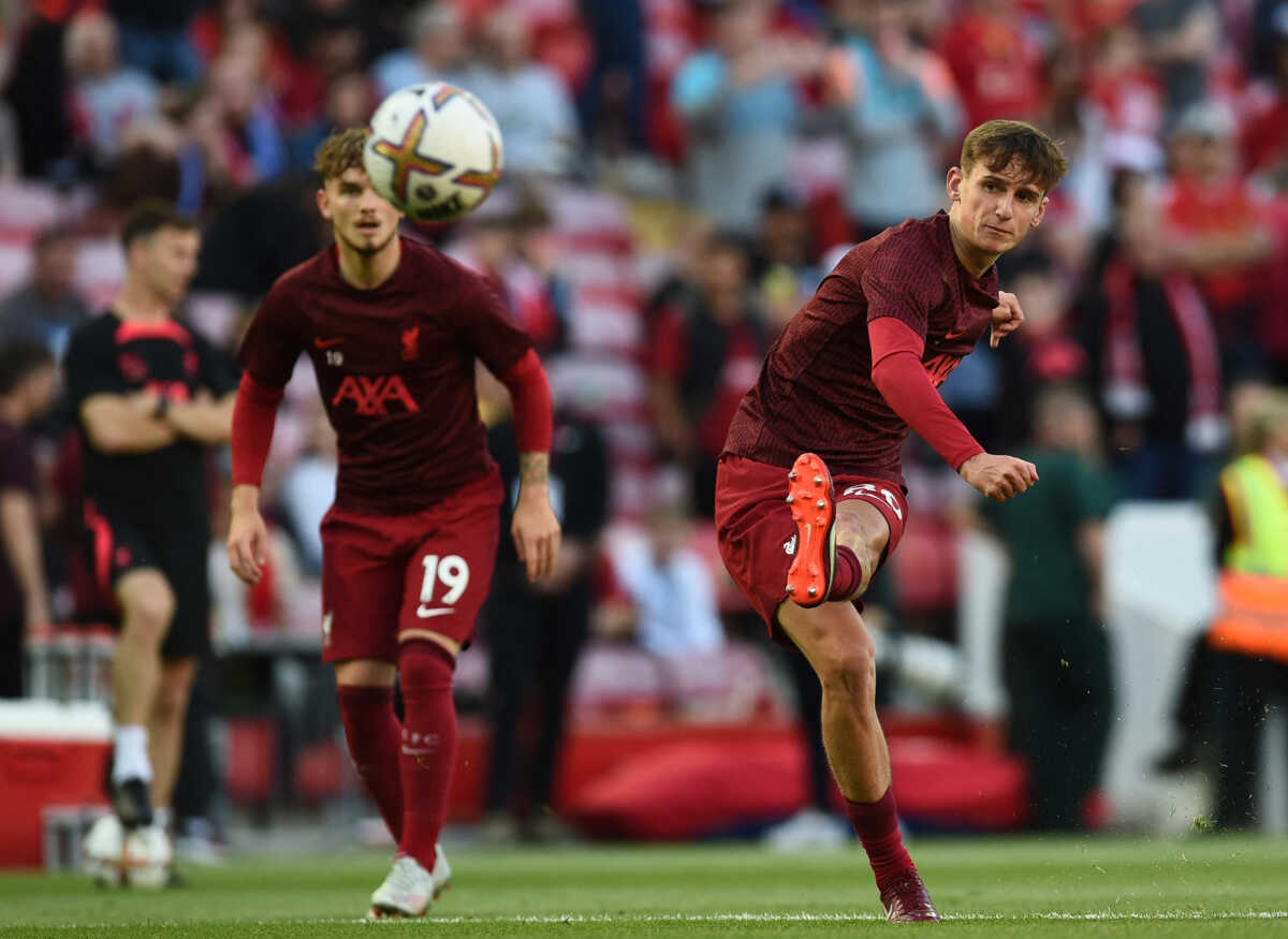 Soccer Football - Pre Season Friendly - Liverpool v RC Strasbourg - Anfield, Liverpool, Britain - July 31, 2022 Liverpool's Tyler Morton during the warm up before the match REUTERS
