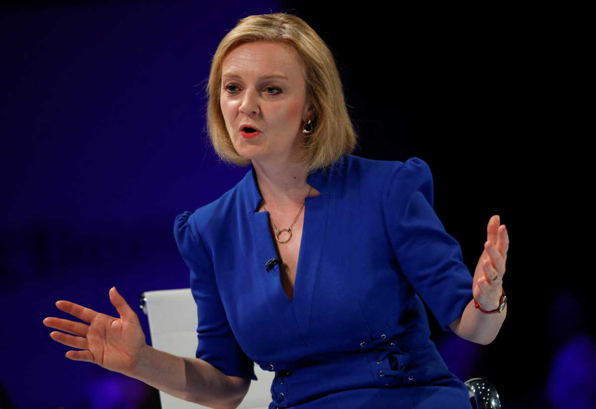 Conservative leadership candidate Liz Truss speaks during a hustings event, part of the Conservative party leadership campaign, in Exeter, Britain, August 1, 2022. REUTERS
