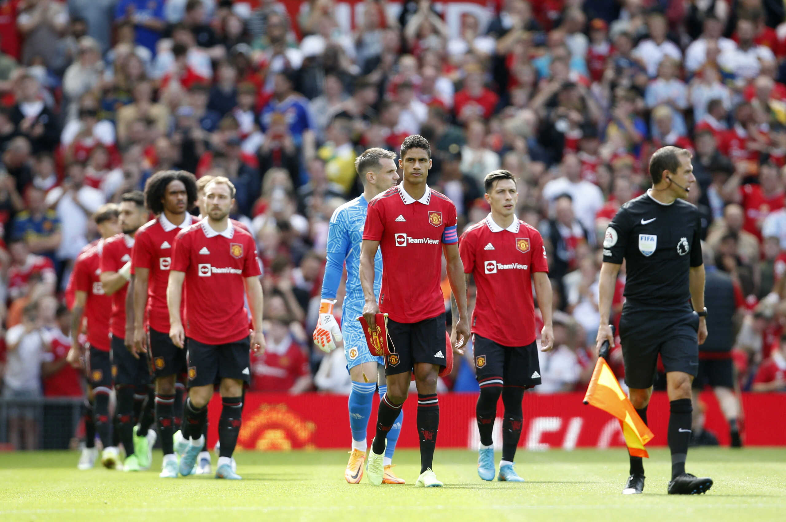 Soccer Football - Pre Season Friendly - Manchester United v Rayo Vallecano - Old Trafford, Manchester, Britain - July 31, 2022 Manchester United's Raphael Varane and teammates walk out before the match Action Images via Reuters