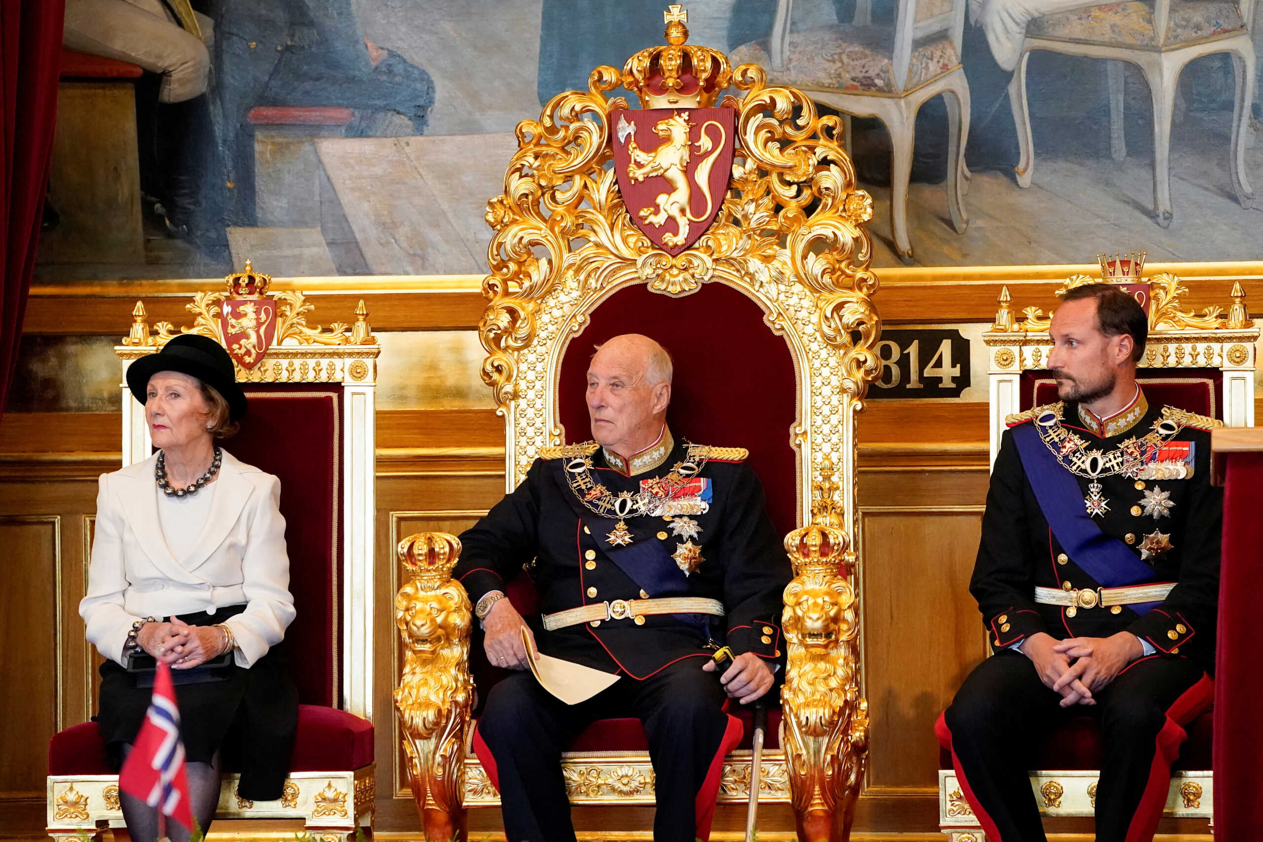 FILE PHOTO: Norway's Queen Sonja, King Harald and Crown Prince Haakon attend the opening of the Storting, Norway's parliament, in Oslo, Norway October 11, 2021. NTB