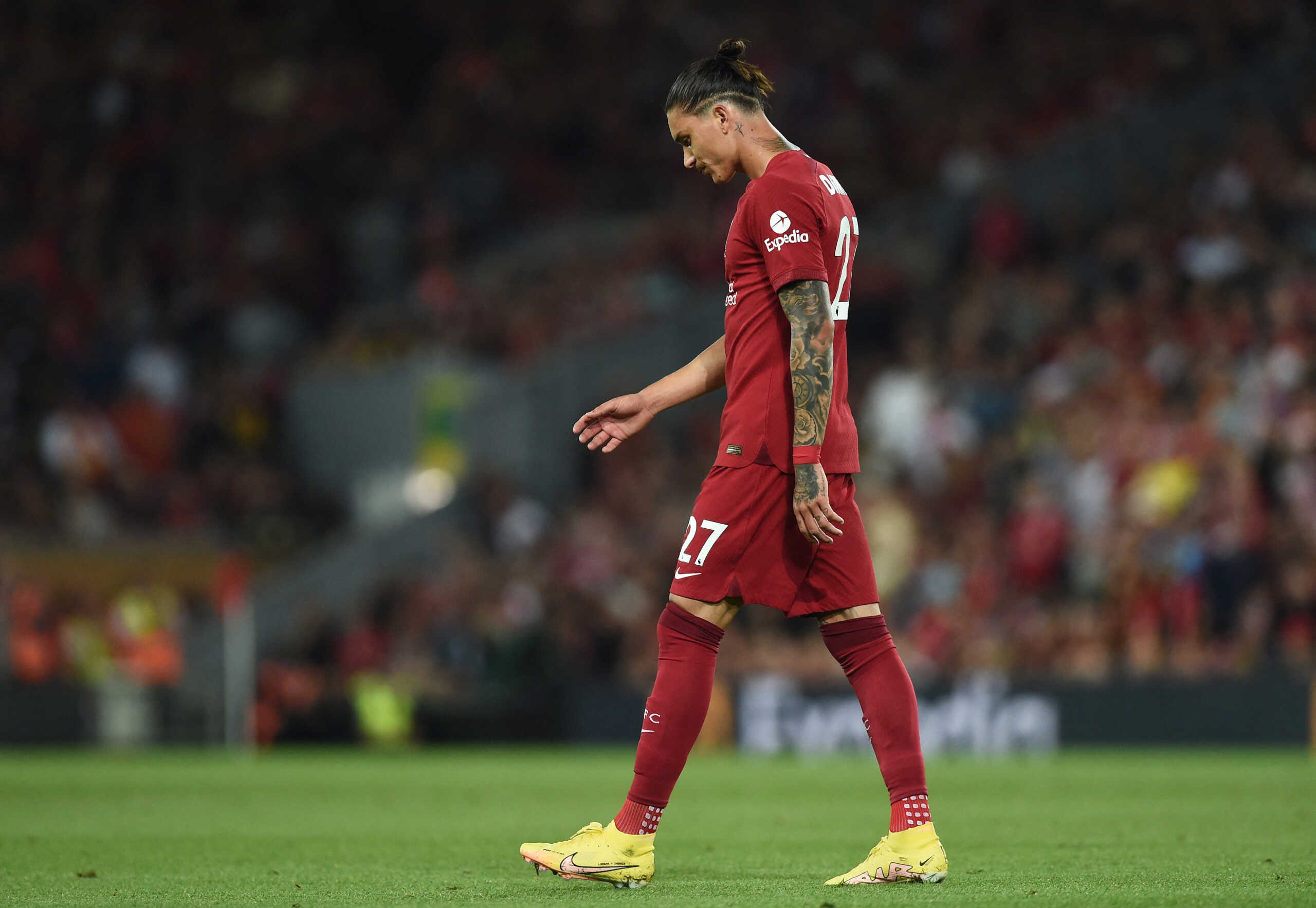 Soccer Football - Premier League - Liverpool v Crystal Palace - Anfield, Liverpool, Britain - August 15, 2022 Liverpool's Darwin Nunez leaves the pitch after he is sent off REUTERS