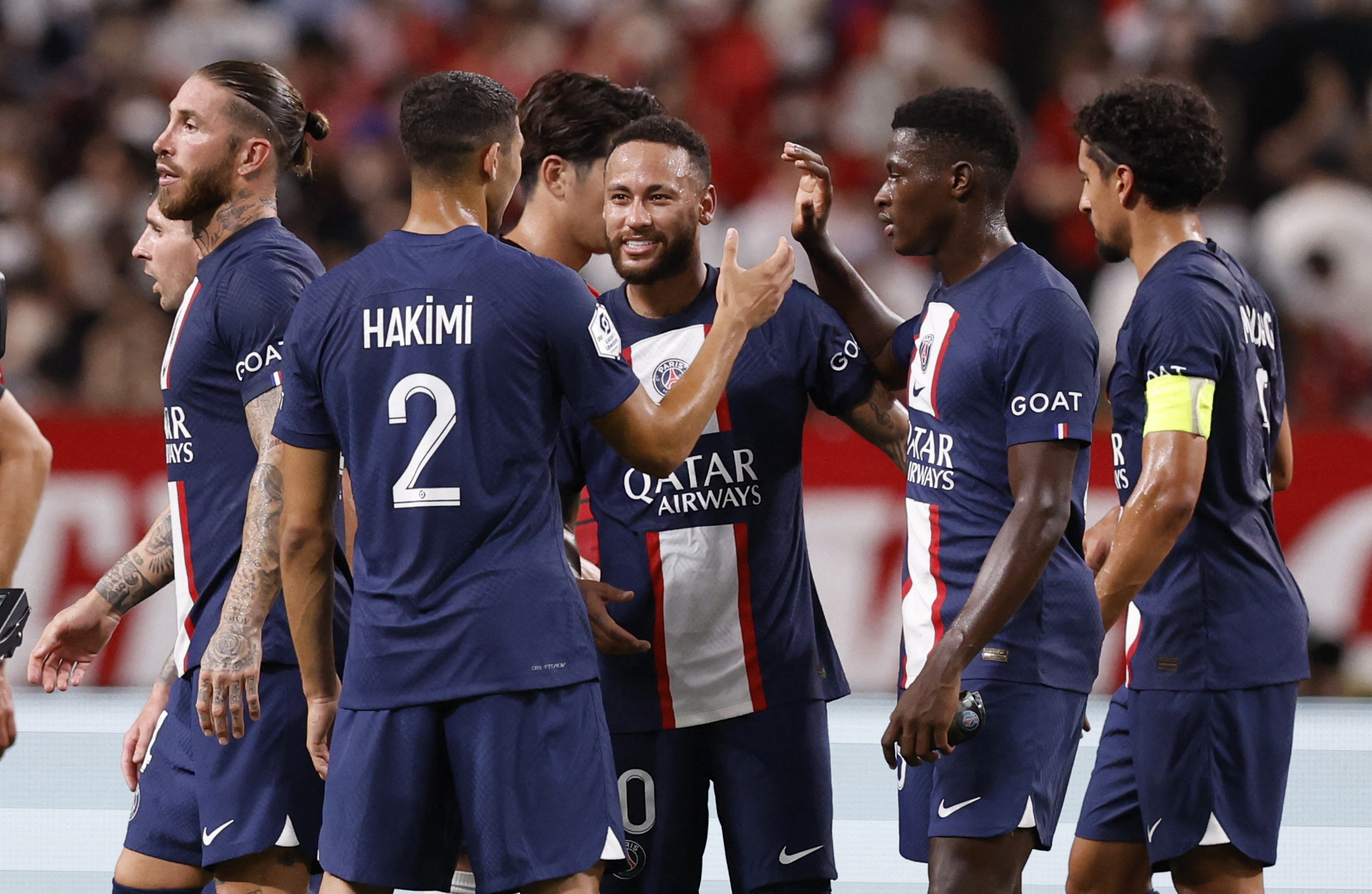 Soccer Football - Pre Season Friendly - Urawa Red Diamonds v Paris Saint-Germain - Saitama Stadium, Saitama, Japan - July 23, 2022 Paris St Germain's Neymar with teammates celebrate after the match REUTERS