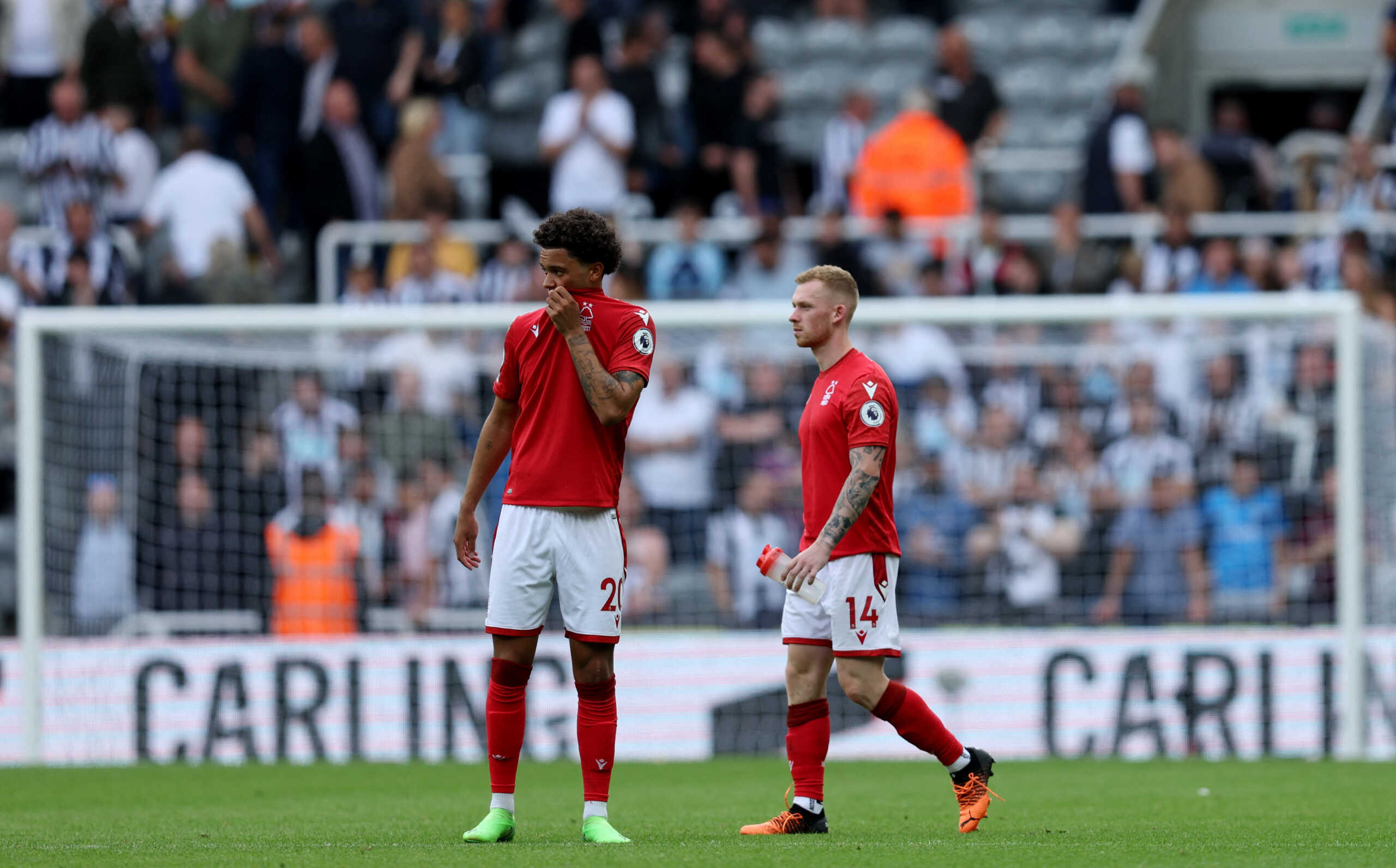 Soccer Football - Premier League - Newcastle United v Nottingham Forest - St James' Park, Newcastle, Britain - August 6, 2022 Nottingham Forest's Brennan Johnson and Lewis O'Brien at the end of the match REUTERS