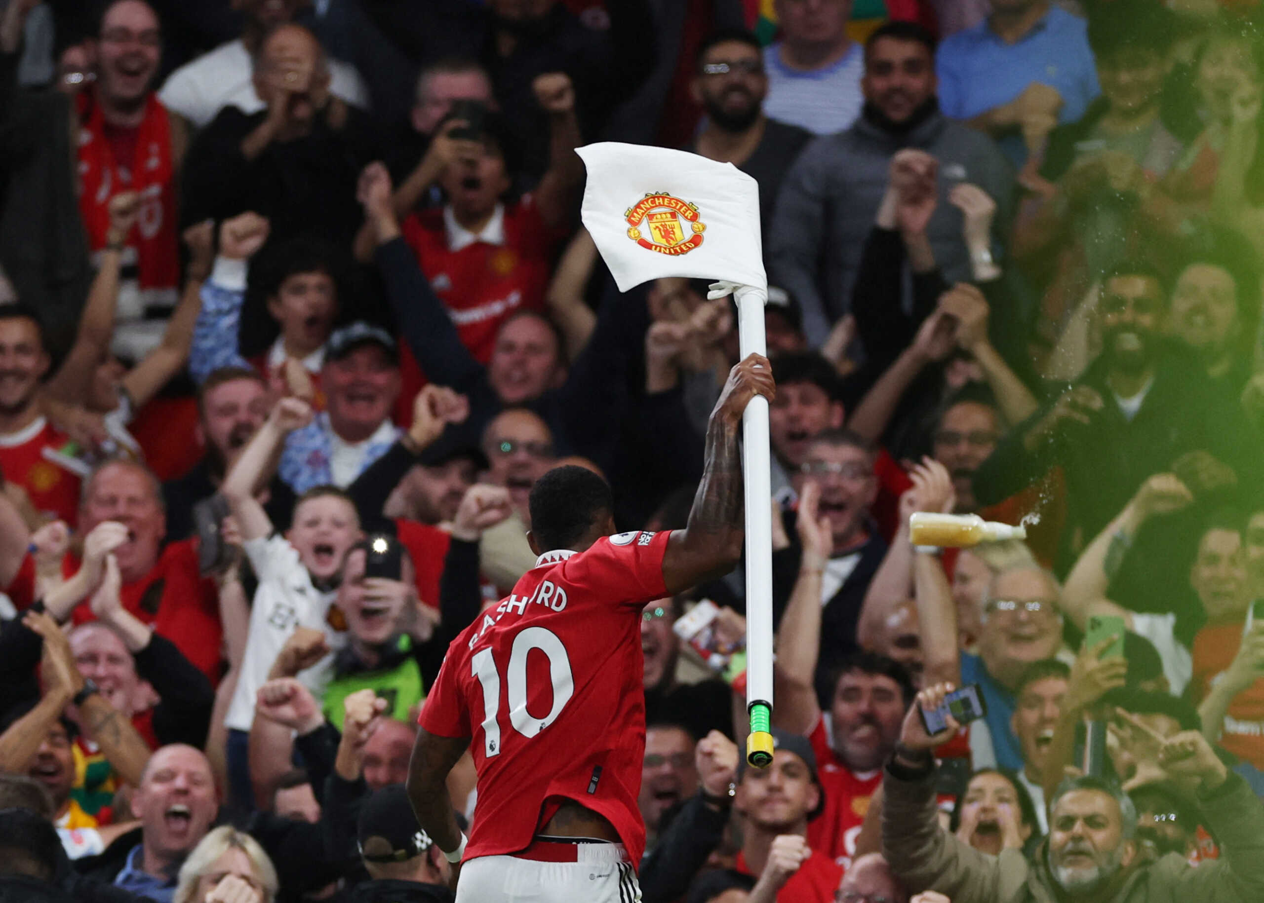 Soccer Football - Premier League - Manchester United v Liverpool - Old Trafford, Manchester, Britain - August 22, 2022 Manchester United's Marcus Rashford celebrates scoring their second goal REUTERS