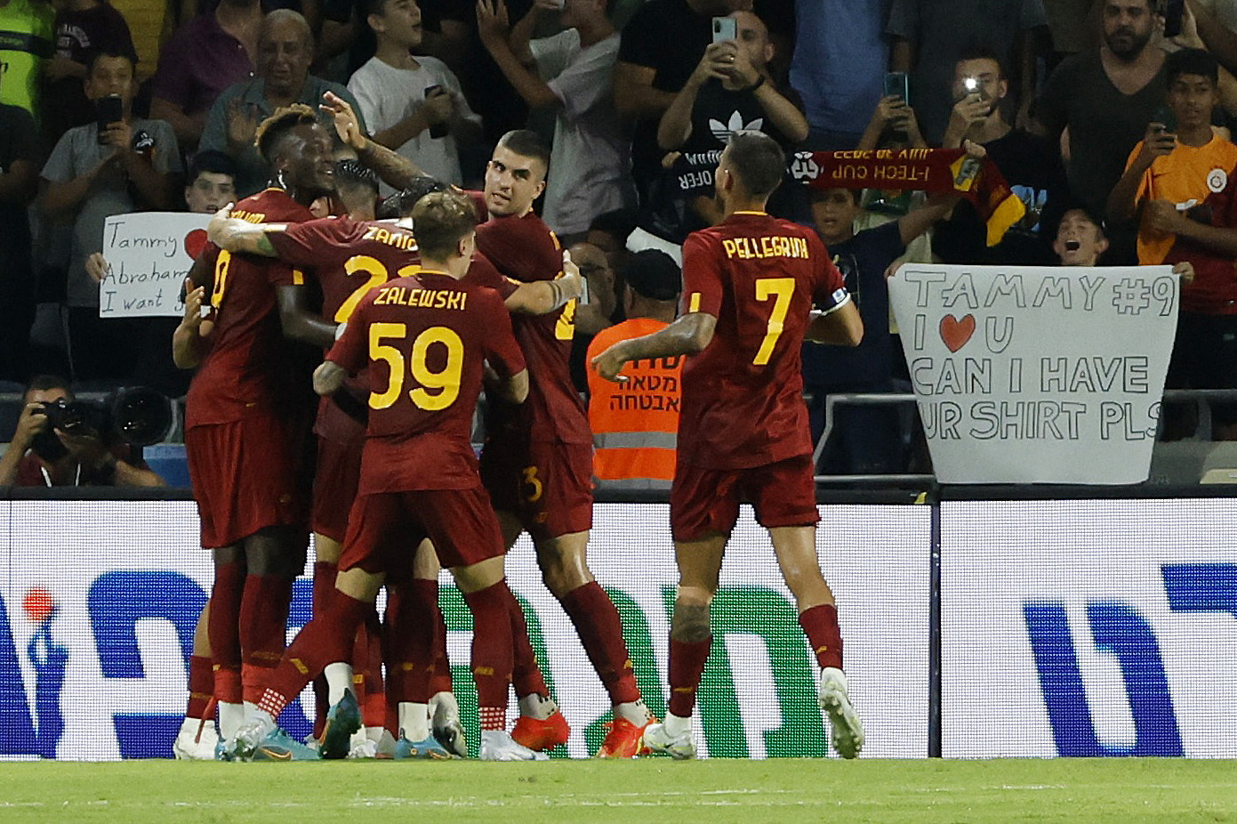 Soccer Football - Pre Season Friendly - Tottenham Hotspur v AS Roma - Sammy Ofer Stadium, Haifa, Israel - July 30, 2022 AS Roma's Ibanez celebrates scoring their first goal with teammates REUTERS