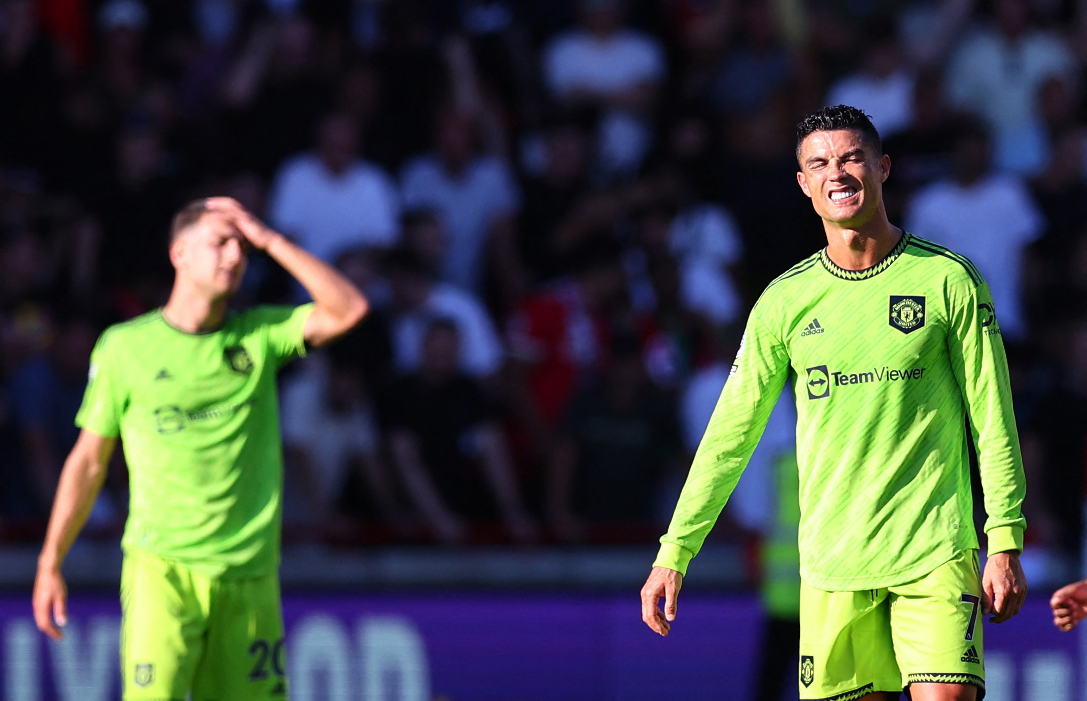 Soccer Football - Premier League - Brentford v Manchester United - Brentford Community Stadium, London, Britain - August 13, 2022 Manchester United's Cristiano Ronaldo looks dejected after Brentford's Ben Mee scores their third goal REUTERS