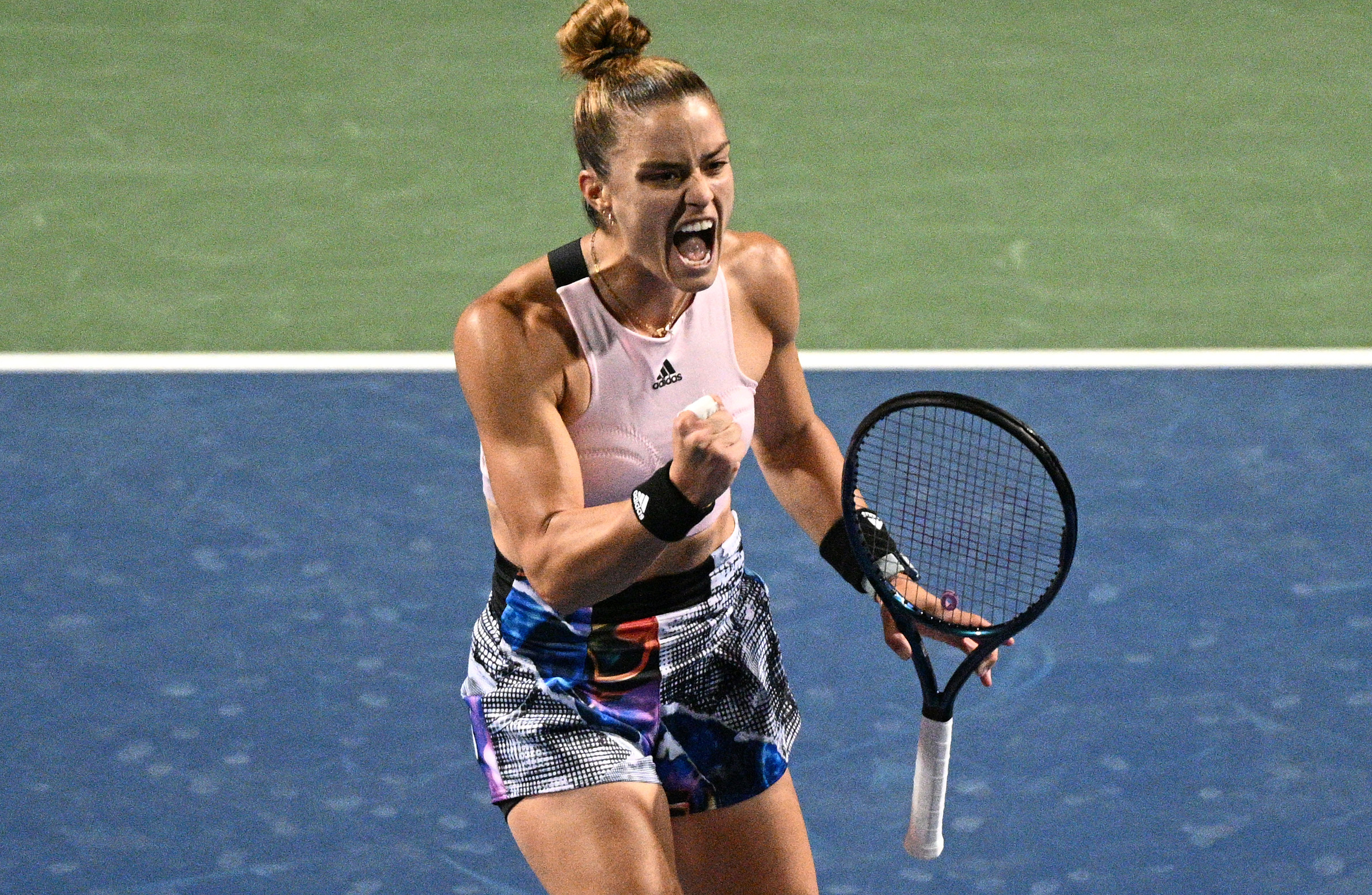 Aug 9, 2022; North York, ON, Canada;  Maria Sakkari (GRE) reacts to winning a point against Sloane Stephens (USA) (not pictured) at Sobeys Stadium. Mandatory Credit: Dan Hamilton-USA TODAY Sports