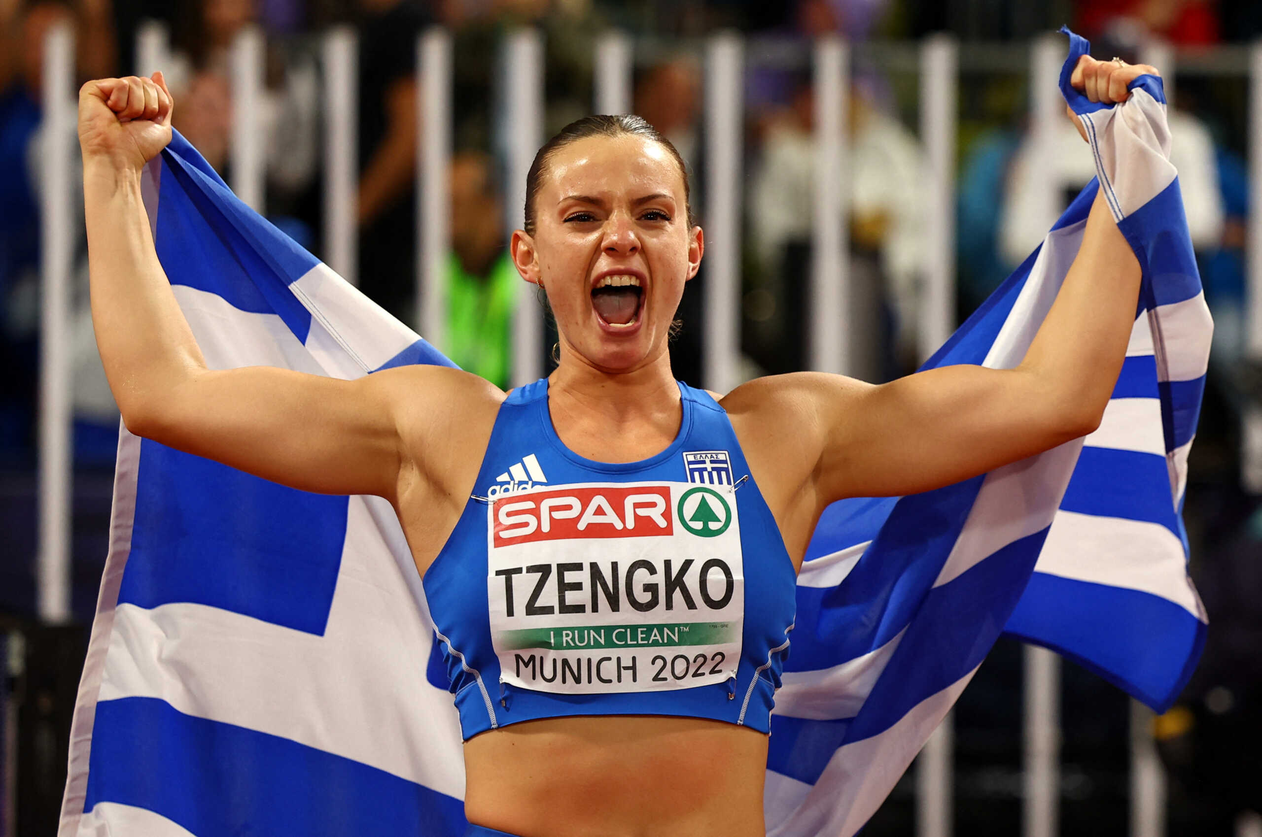 2022 European Championships - Athletics - Olympiastadion, Munich, Germany - August 20, 2022 Greece's Elina Tzengko celebrates after winning gold in the women's javelin throw final REUTERS