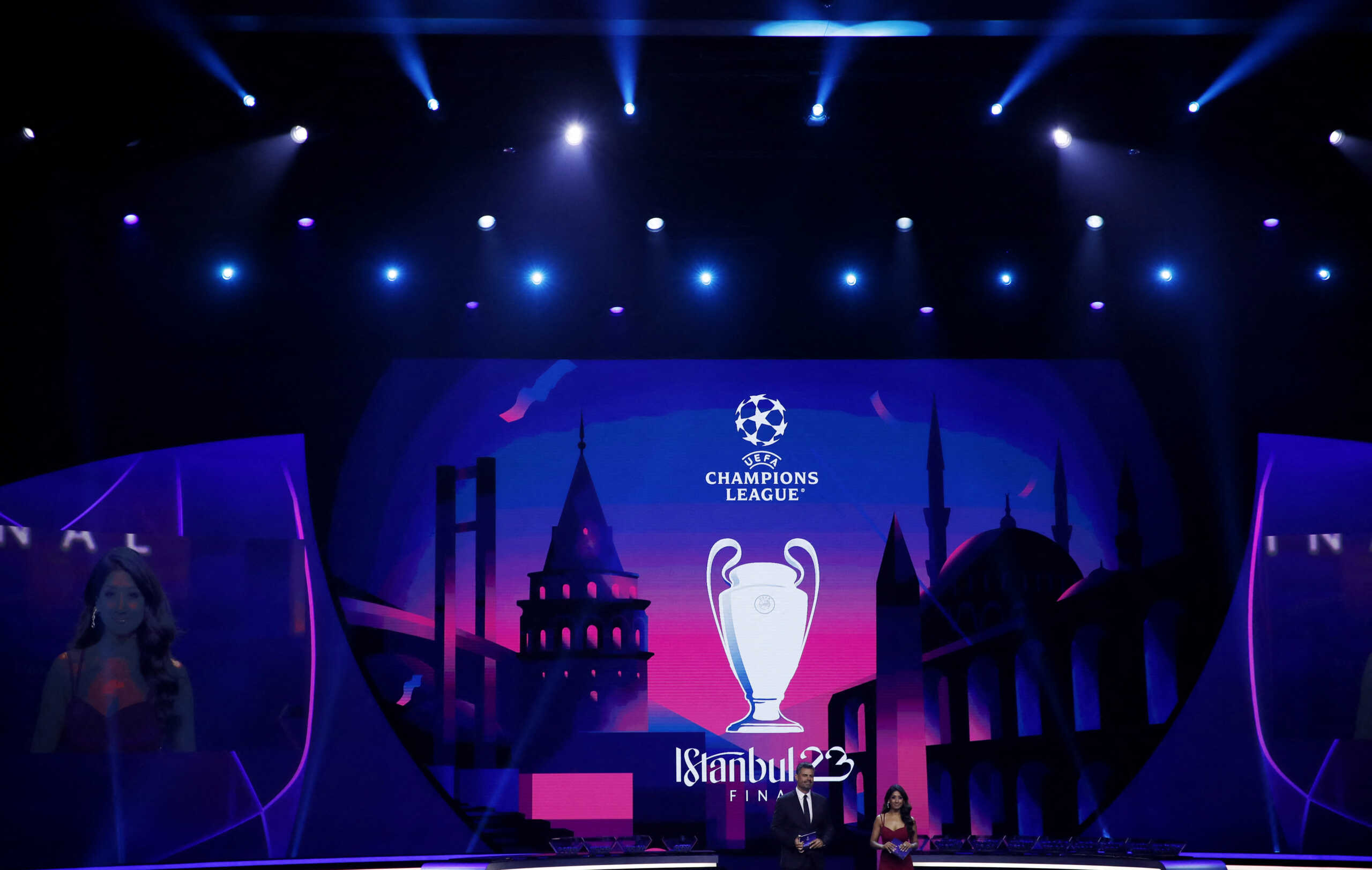 Soccer Football - Champions League Group Stage draw - Halic Congress Center, Istanbul, Turkey - August 25, 2022 General view of presenters Pedro Pinto and Reshmin Chowdhury ahead of the draw REUTERS