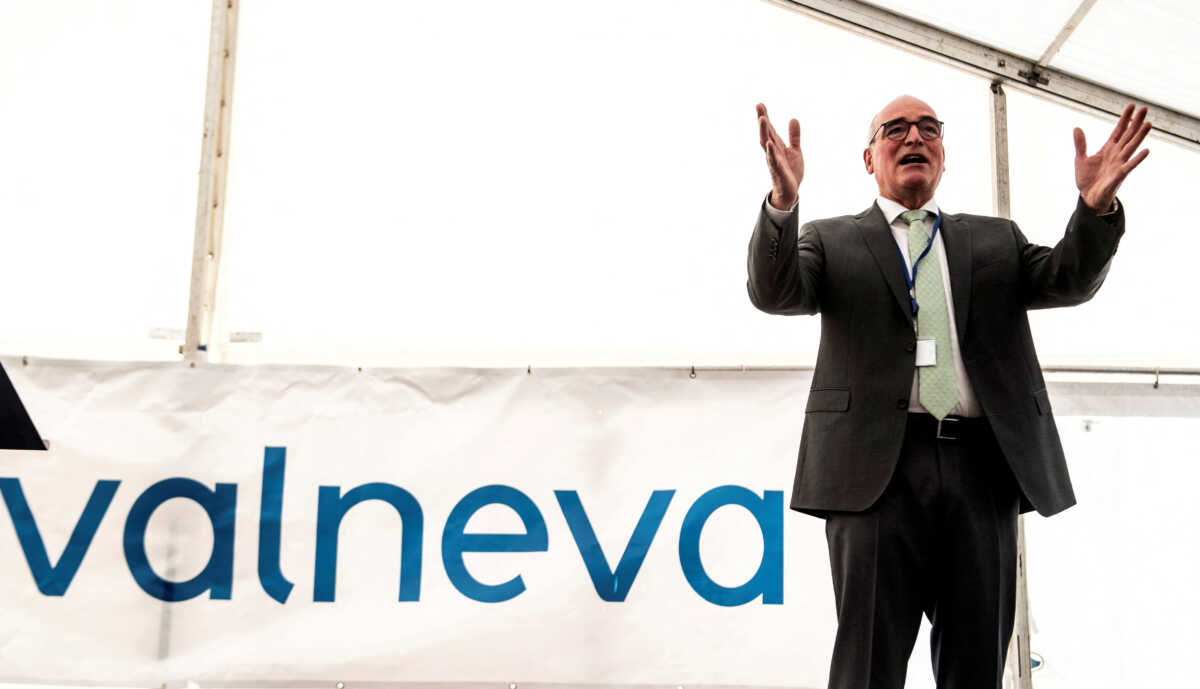 FILE PHOTO: Valneva's CEO Thomas Lingelbach delivers a speech during a visit of Scottish First Minister Nicola Sturgeon to the new Valneva Scotland vaccine manufacturing plant in Livingston, Scotland, Britain March 28, 2022. Andy Buchanan
