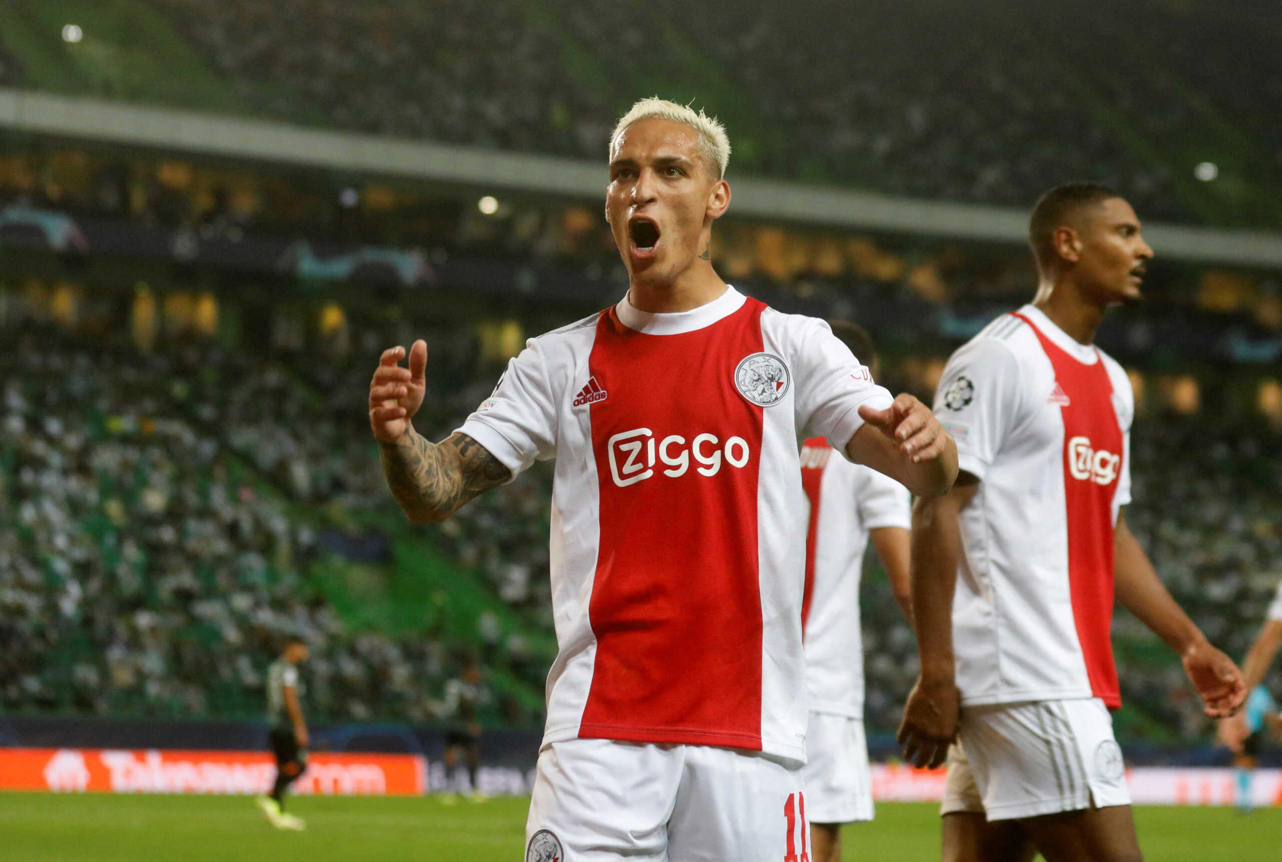 FILE PHOTO: Soccer Football - Champions League - Group C - Sporting Lisbon v Ajax - Jose Alvalade Stadium, Lisbon, Portugal - September 15, 2021 Ajax's Antony celebrates celebrates their fifth goal, scored by Sebastien Haller REUTERS