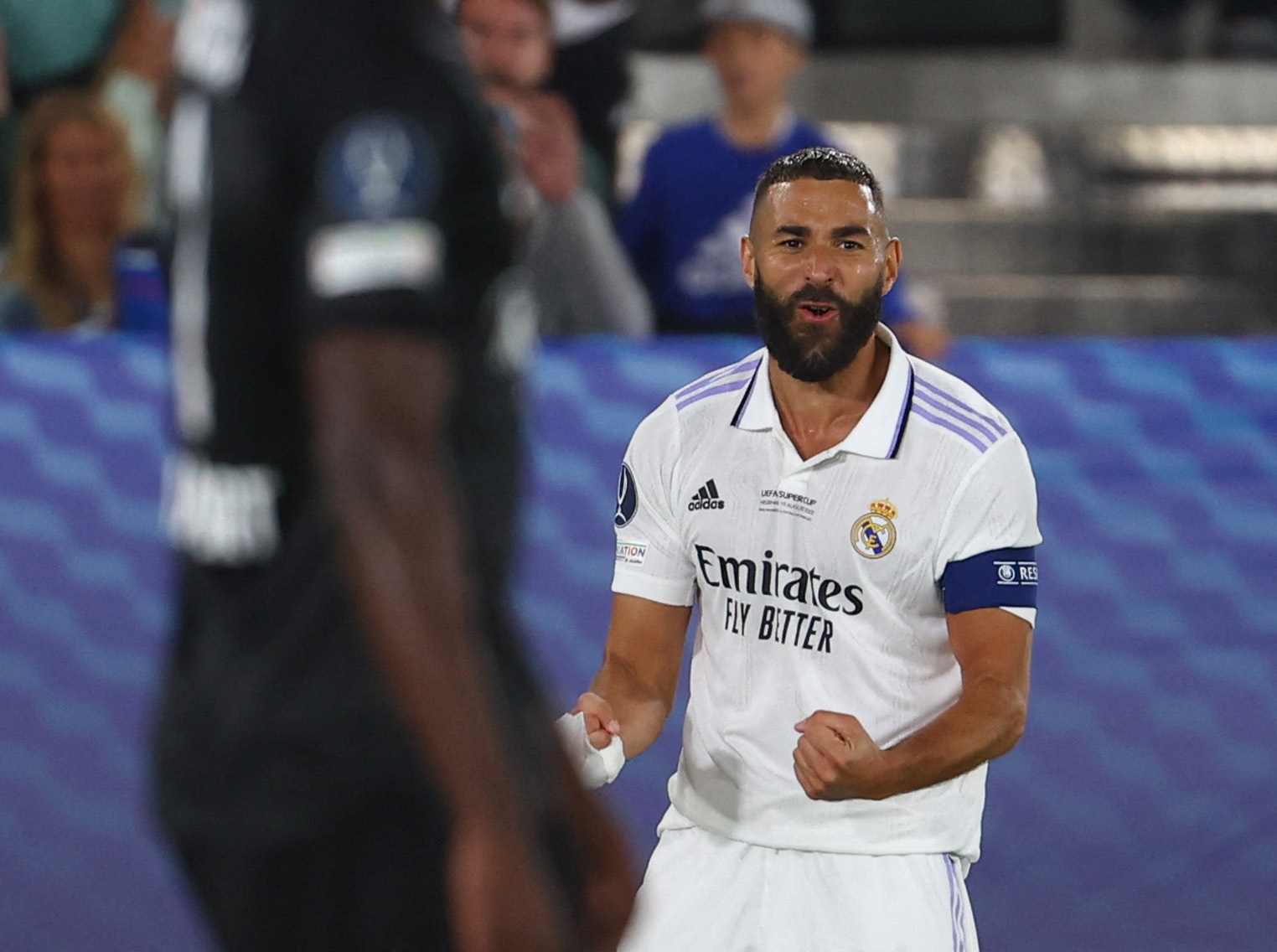 Soccer Football - European Super Cup - Real Madrid v Eintracht Frankfurt - Helsinki Olympic Stadium, Helsinki, Finland - August 10, 2022 Real Madrid's Karim Benzema celebrates scoring their second goal REUTERS