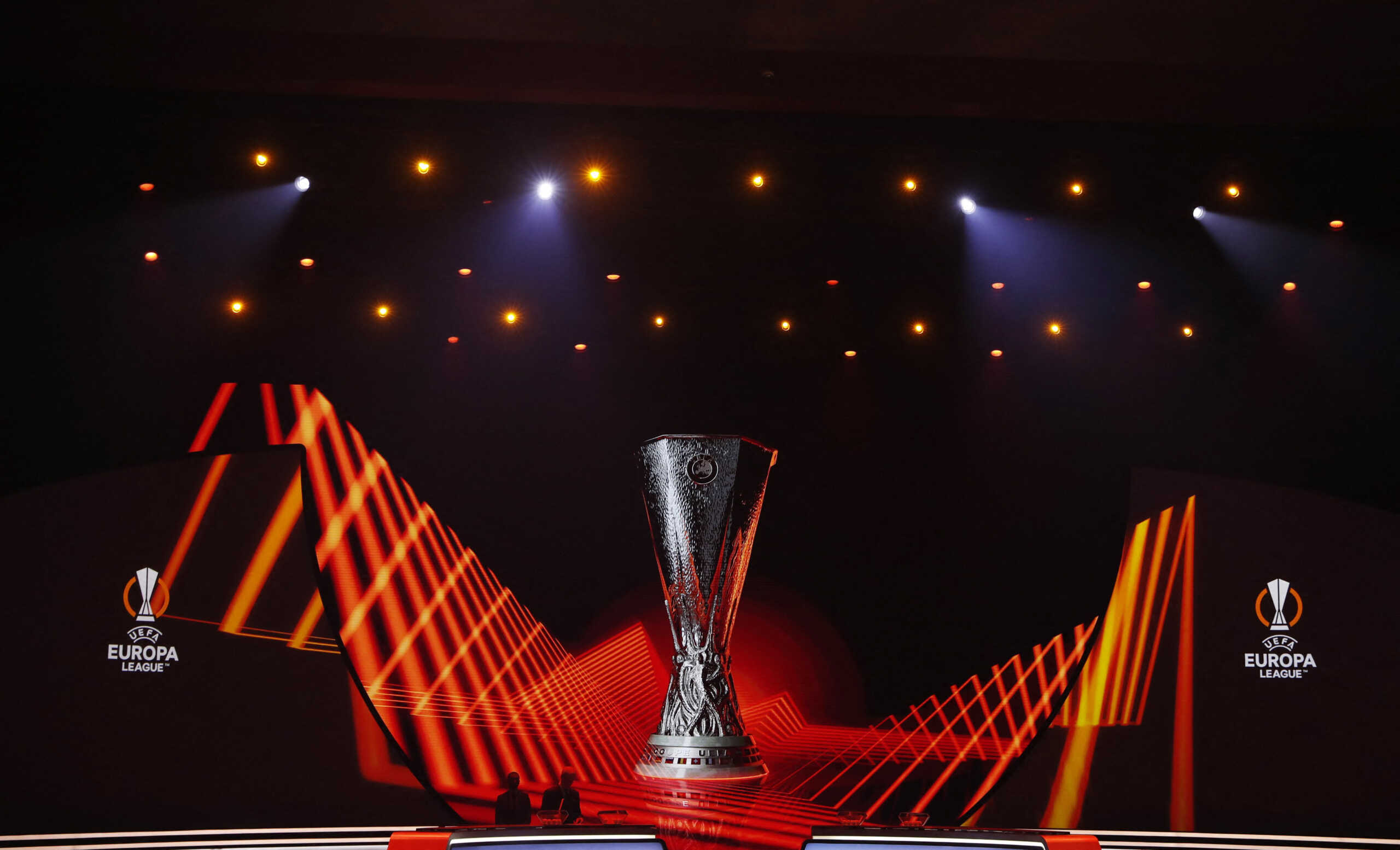 Soccer Football - Europa League Group Stage draw - Halic Congress Center, Istanbul, Turkey - August 26, 2022  General view as the Europa League trophy is seen on a screen before the draw REUTERS