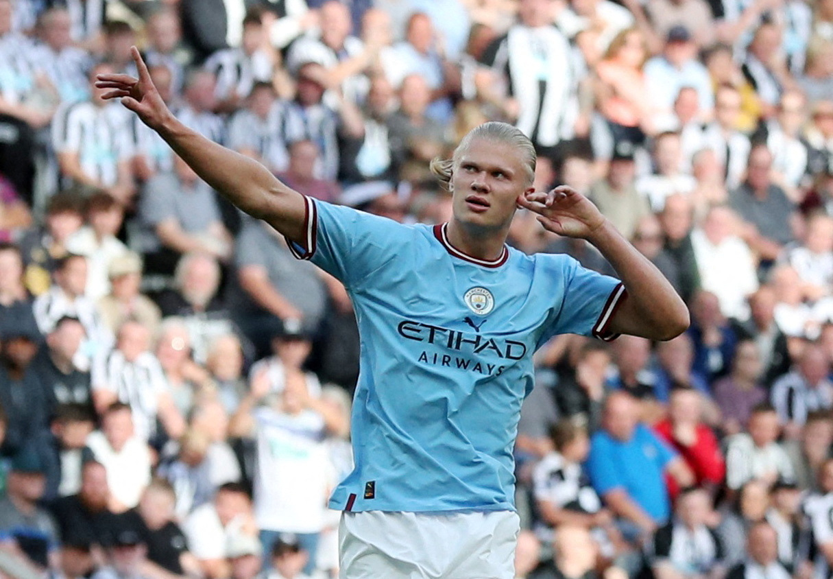 Soccer Football - Premier League - Newcastle United v Manchester City - St James' Park, Newcastle, Britain - August 21, 2022 Manchester City's Erling Braut Haaland celebrates scoring their second goal  REUTERS