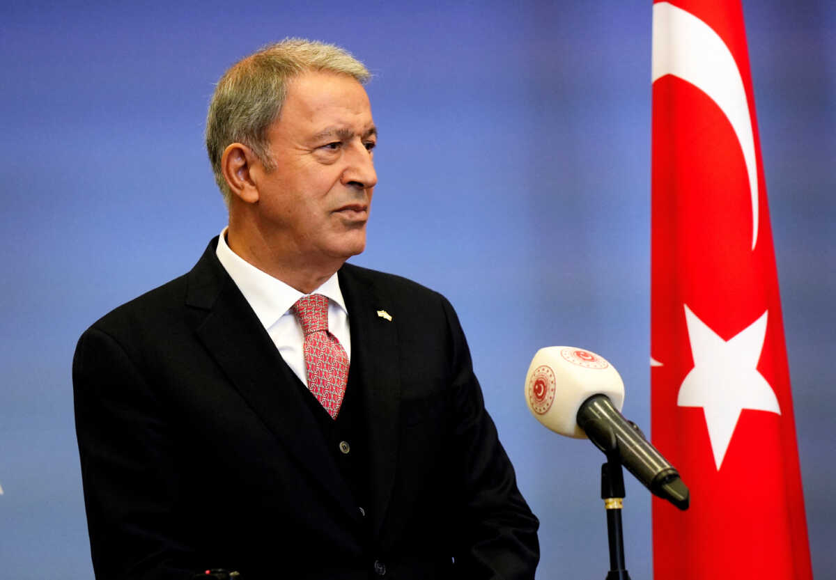 Turkish Defence Minister Hulusi Akar listens during a news conference in Riga, Latvia July 28, 2022. REUTERS
