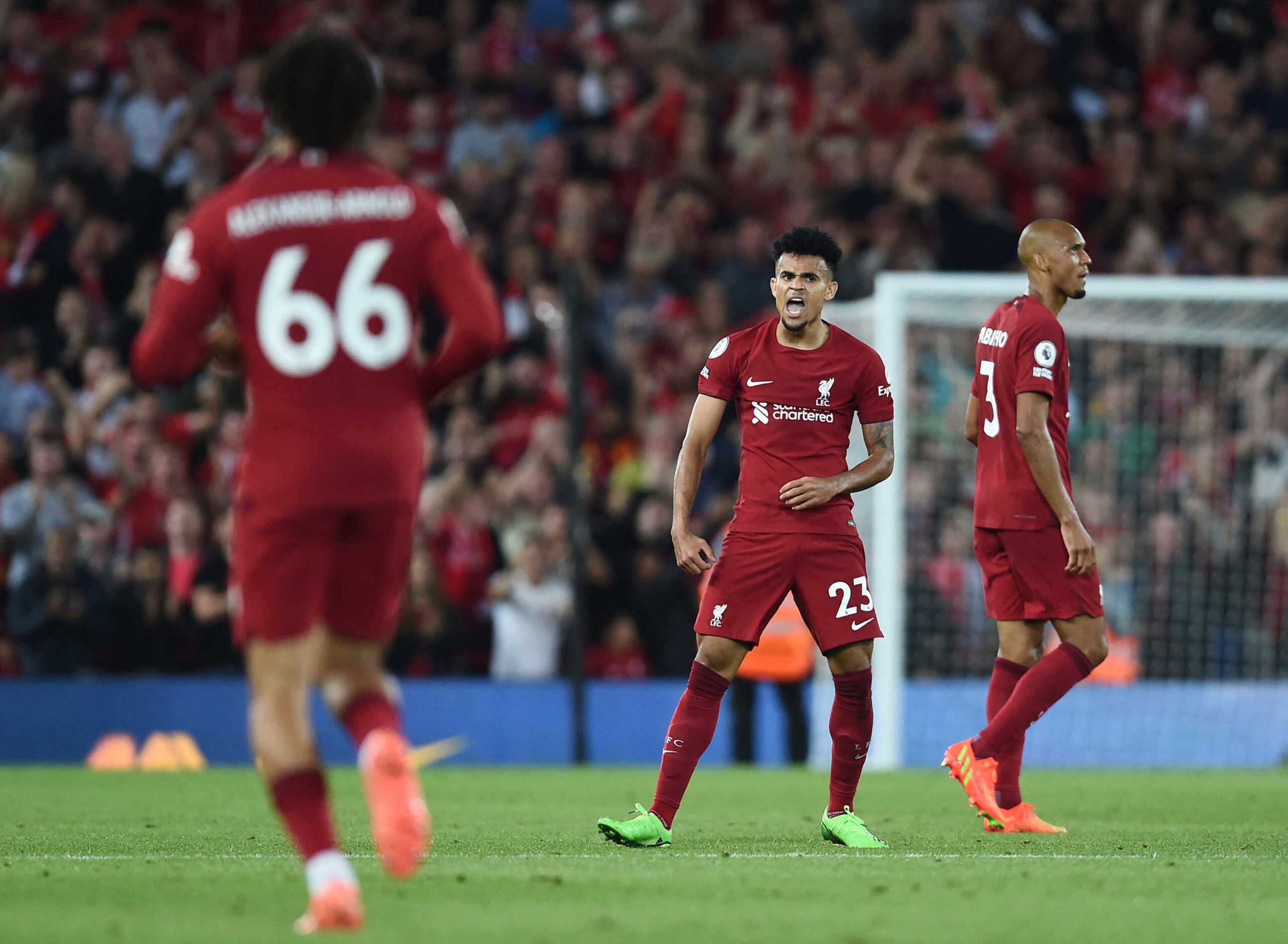 Soccer Football - Premier League - Liverpool v Crystal Palace - Anfield, Liverpool, Britain - August 15, 2022 Liverpool's Luis Diaz celebrates scoring their first goal REUTERS