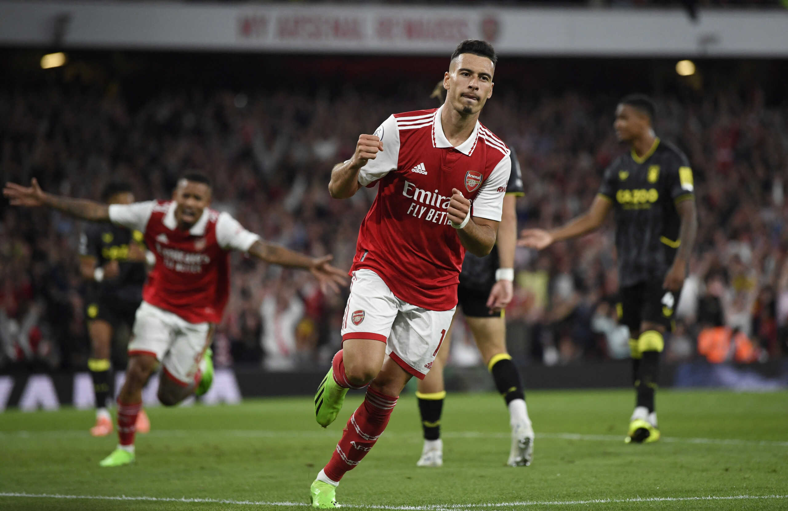 Soccer Football - Premier League - Arsenal v Aston Villa - Emirates Stadium, London, Britain - August 31, 2022 Arsenal's Gabriel Martinelli celebrates scoring their second goal REUTERS