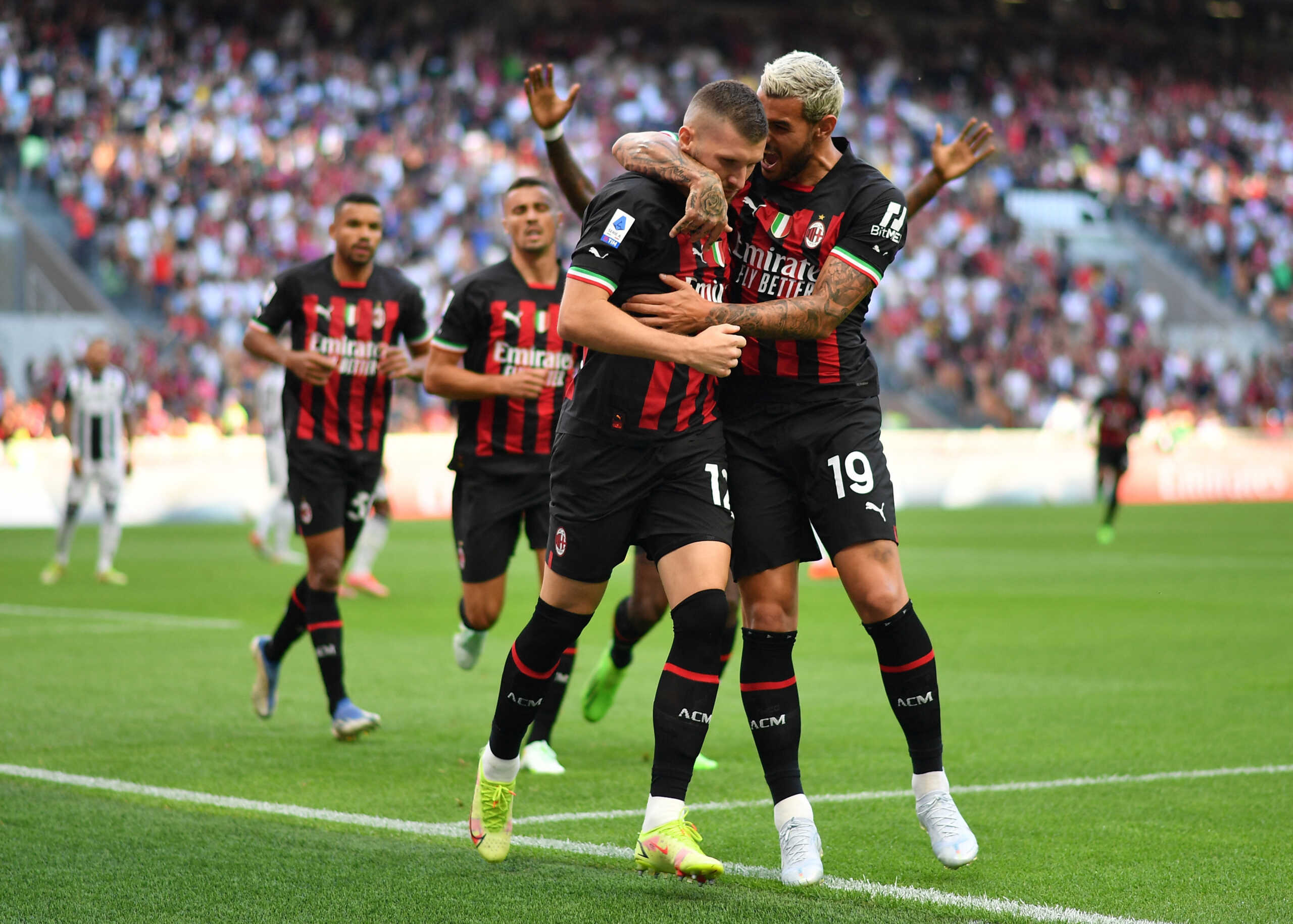 Soccer Football - Serie A - AC Milan v Udinese - San Siro, Milan, Italy - August 13, 2022  AC Milan's Ante Rebic celebrates scoring their second goal with Theo Hernandez REUTERS