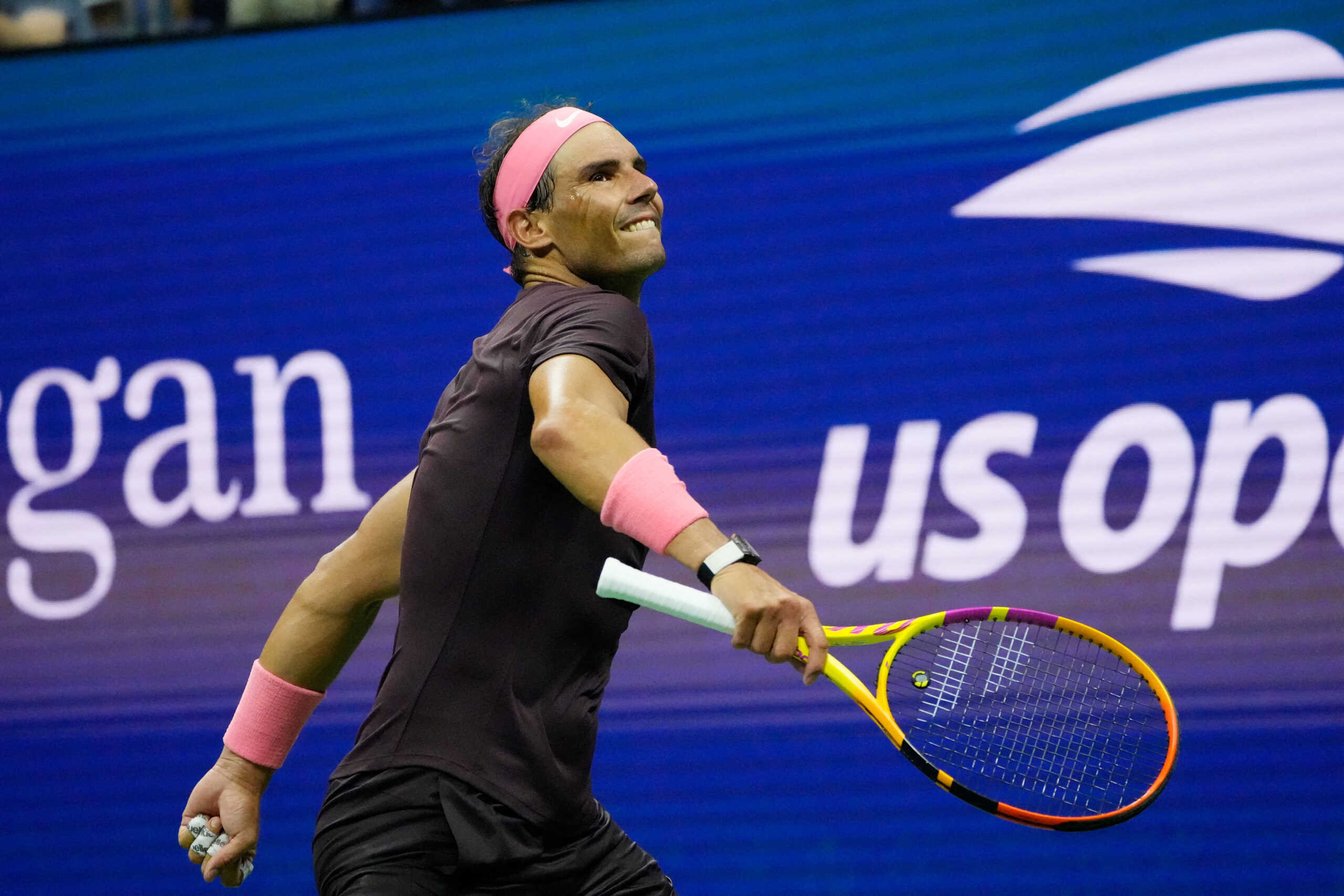Aug 30, 2022; Flushing, NY, USA;   Rafael Nadal of Spain celebrates match point against Rinky Hijikata of Australia on day two of the 2022 U.S. Open tennis tournament at USTA Billie Jean King National Tennis Center. Mandatory Credit: Robert Deutsch-USA TODAY Sports