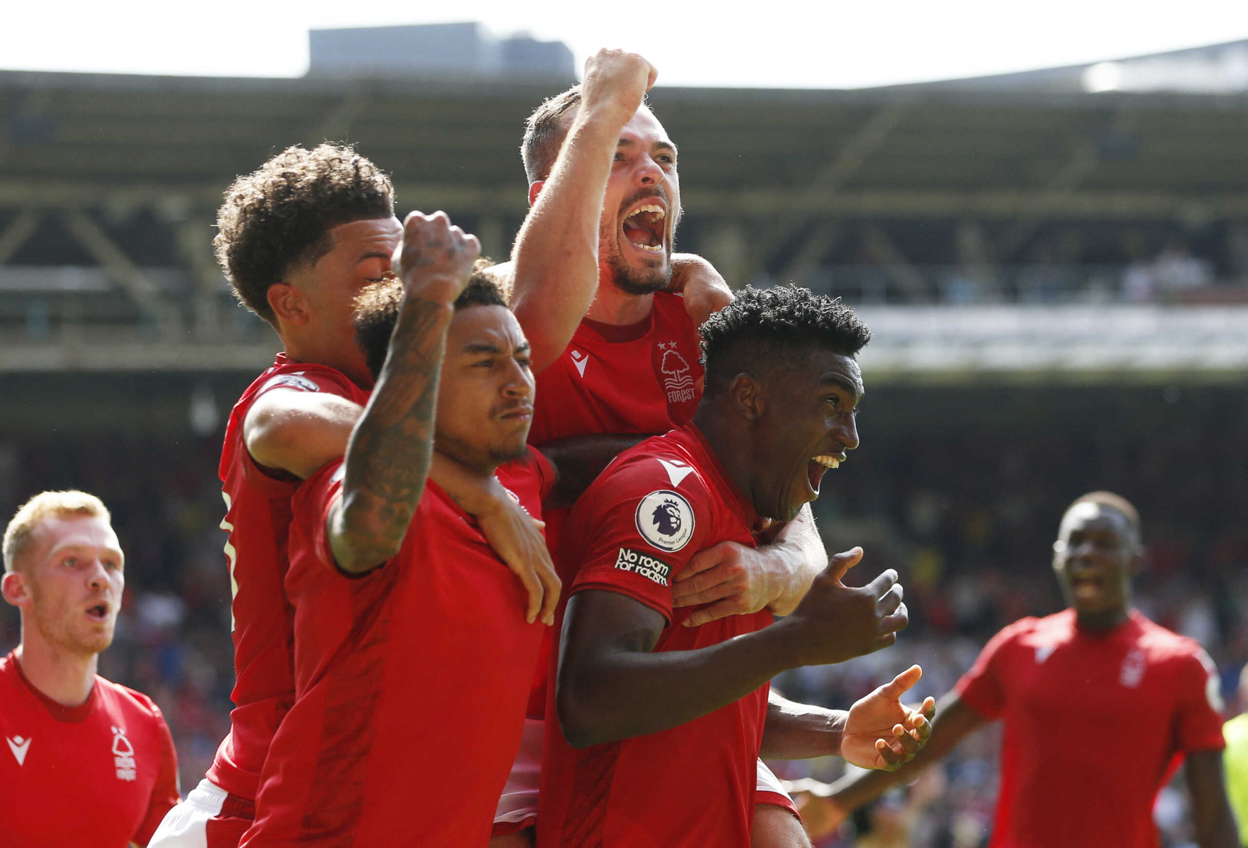 Soccer Football - Premier League - Nottingham Forest v West Ham United - The City Ground, Nottingham, Britain - August 14, 2022 Nottingham Forest's Taiwo Awoniyi scores their first goal with Nottingham with teammates REUTERS