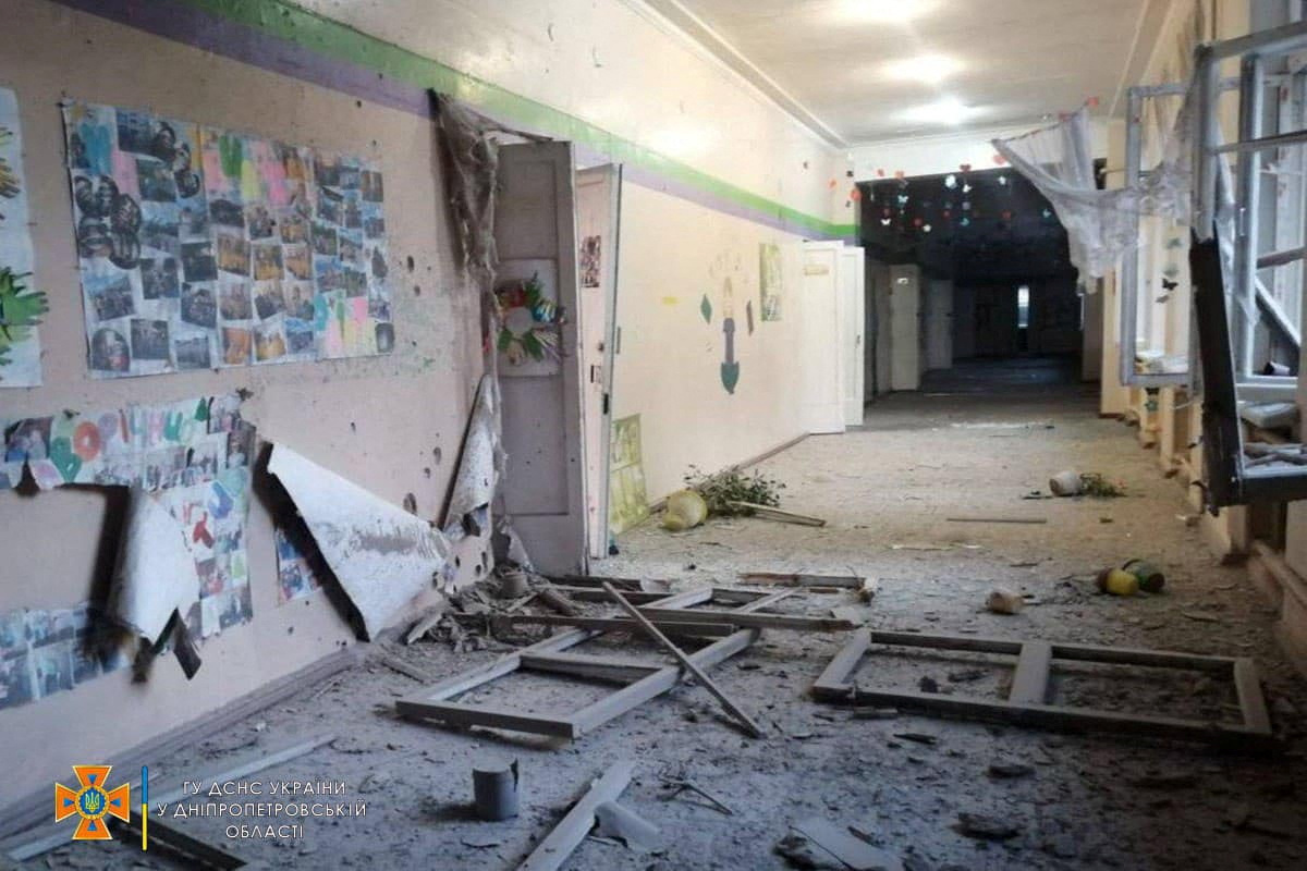 An interior view shows a school building damaged by a Russian military strike, as Russia's attack on Ukraine continues, in location given as Marhanets town, in Dnipropetrovsk region, Ukraine August 10, 2022.  Press service of the State Emergency Service of Ukraine
