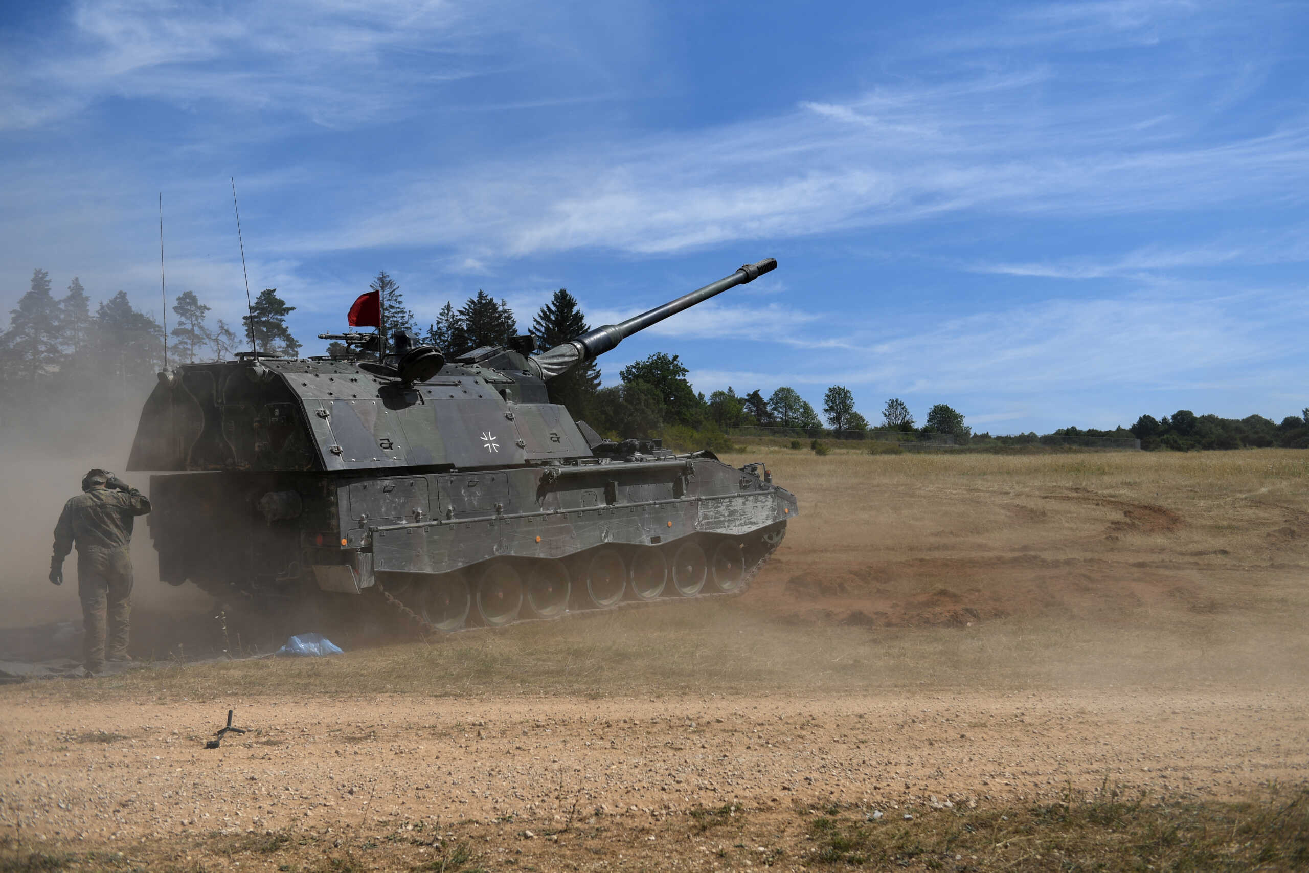 A soldier participates in the Dynamic Front 22 Multinational Integrated Fires Exercise organised by the 56th Artillery Command and multinational allies and NATO partners at the training area in Grafenwoehr, Germany July 20, 2022. REUTERS