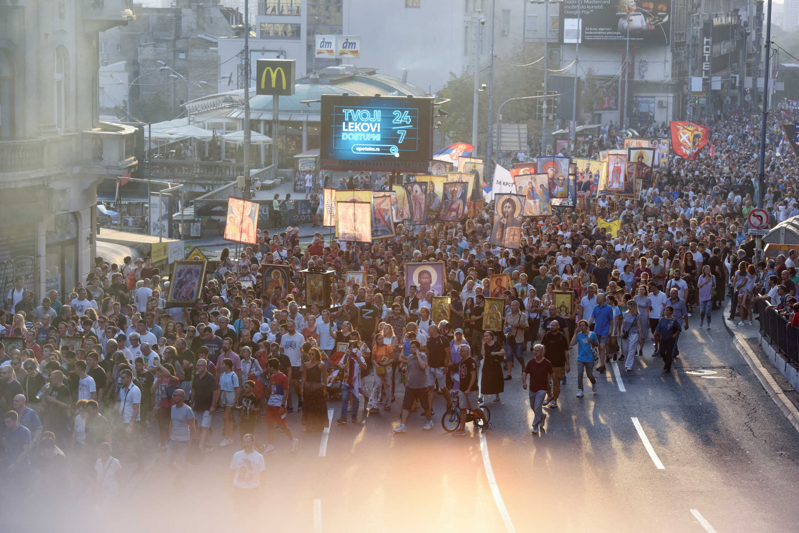 People march during a protest against the international LGBT event Euro Pride in Belgrade, Serbia, August 28, 2022. REUTERS