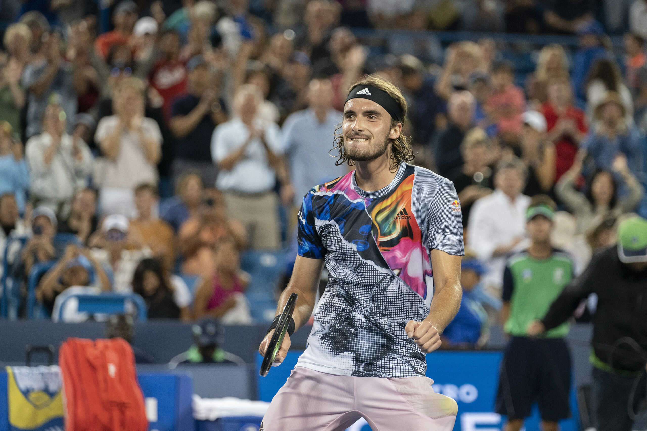 Aug 20, 2022; Cincinnati, OH, USA; Stefanos Tsitsipas (GRE) celebrates after defeating Daniil Medvedev (RUS) at the Western & Southern Open at the Lindner Family Tennis Center. Mandatory Credit: Susan Mullane-USA TODAY Sports