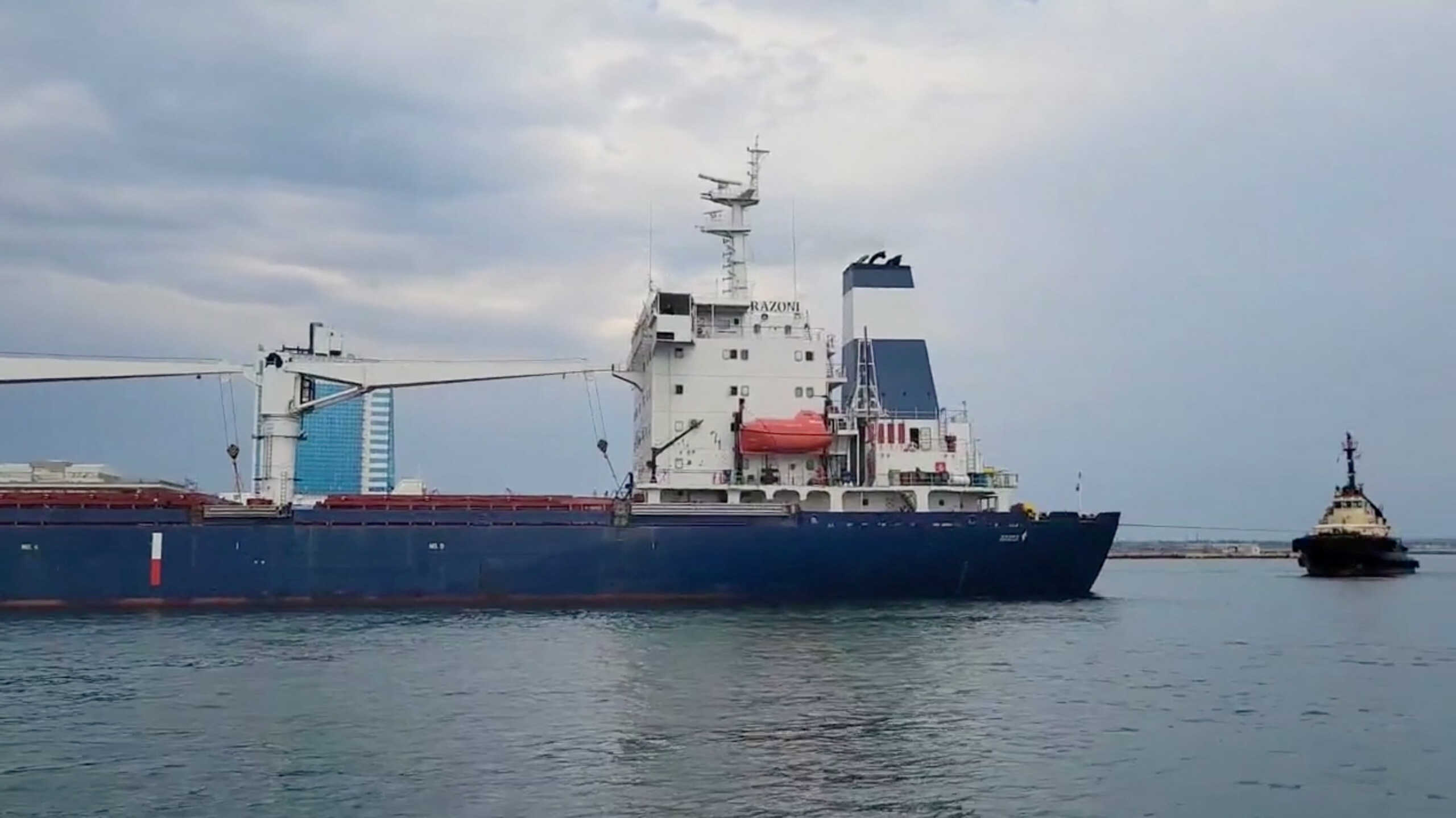 The Sierra Leone-flagged cargo ship, Razoni carrying Ukrainian grain leaves the port, in Odesa, Ukraine, August 1, 2022, in this screen grab taken from a handout video. Alexander Kubrakov