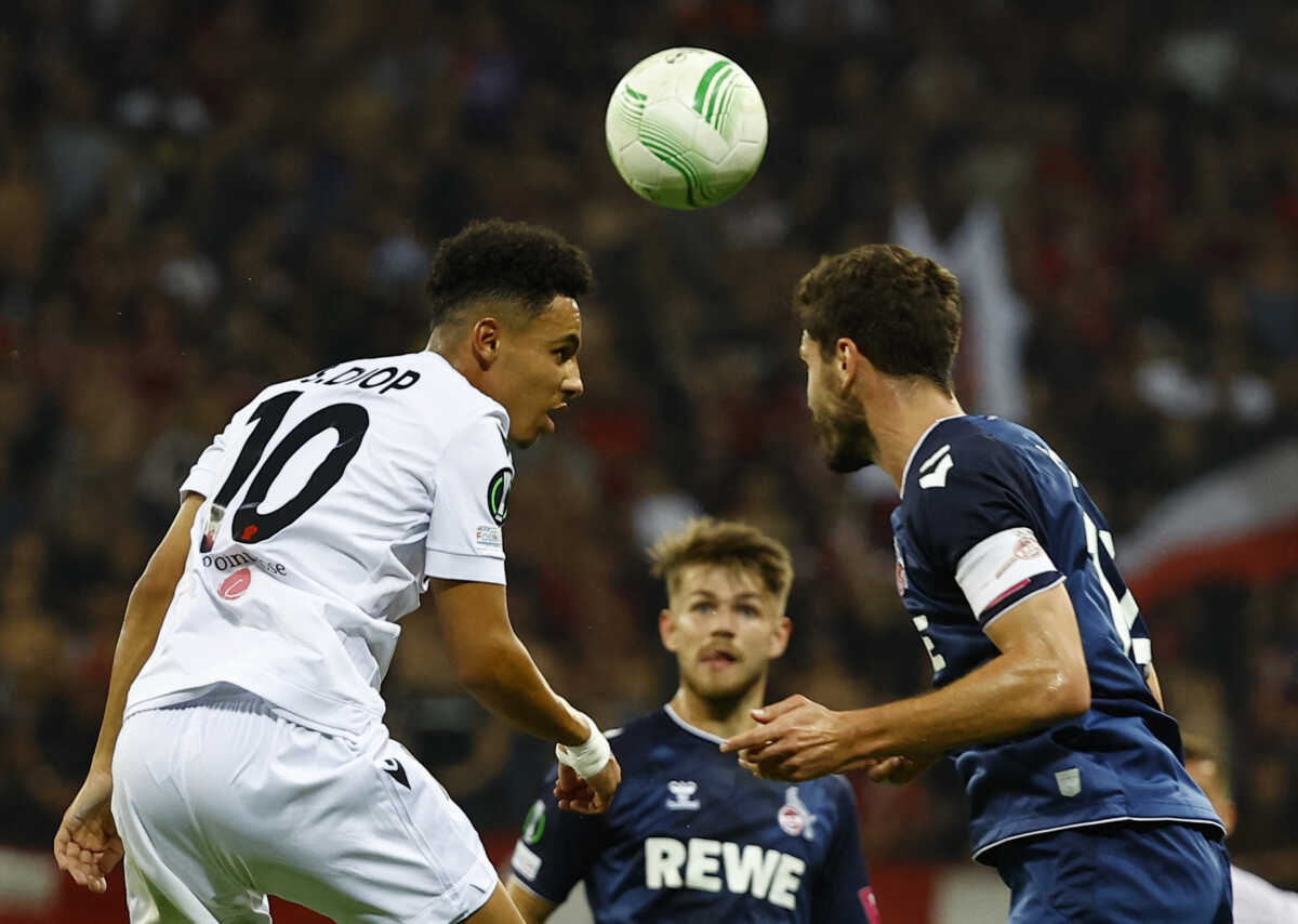 Soccer Football - Europa Conference League - Group D - OGC Nice v Cologne - Allianz Riviera, Nice, France - September 8, 2022 OGC Nice's Sofiane Diop in action with FC Cologne's Jonas Hector REUTERS