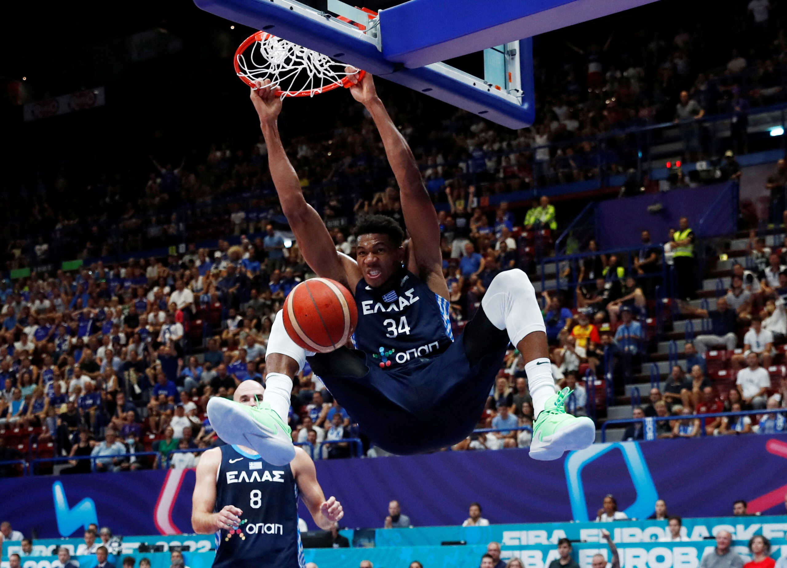 Basketball - EuroBasket Championship - Group C - Estonia v Greece - Mediolanum Forum, Assago, Italy - September 8, 2022 Greece's Giannis Antetokounmpo scores a basket REUTERS