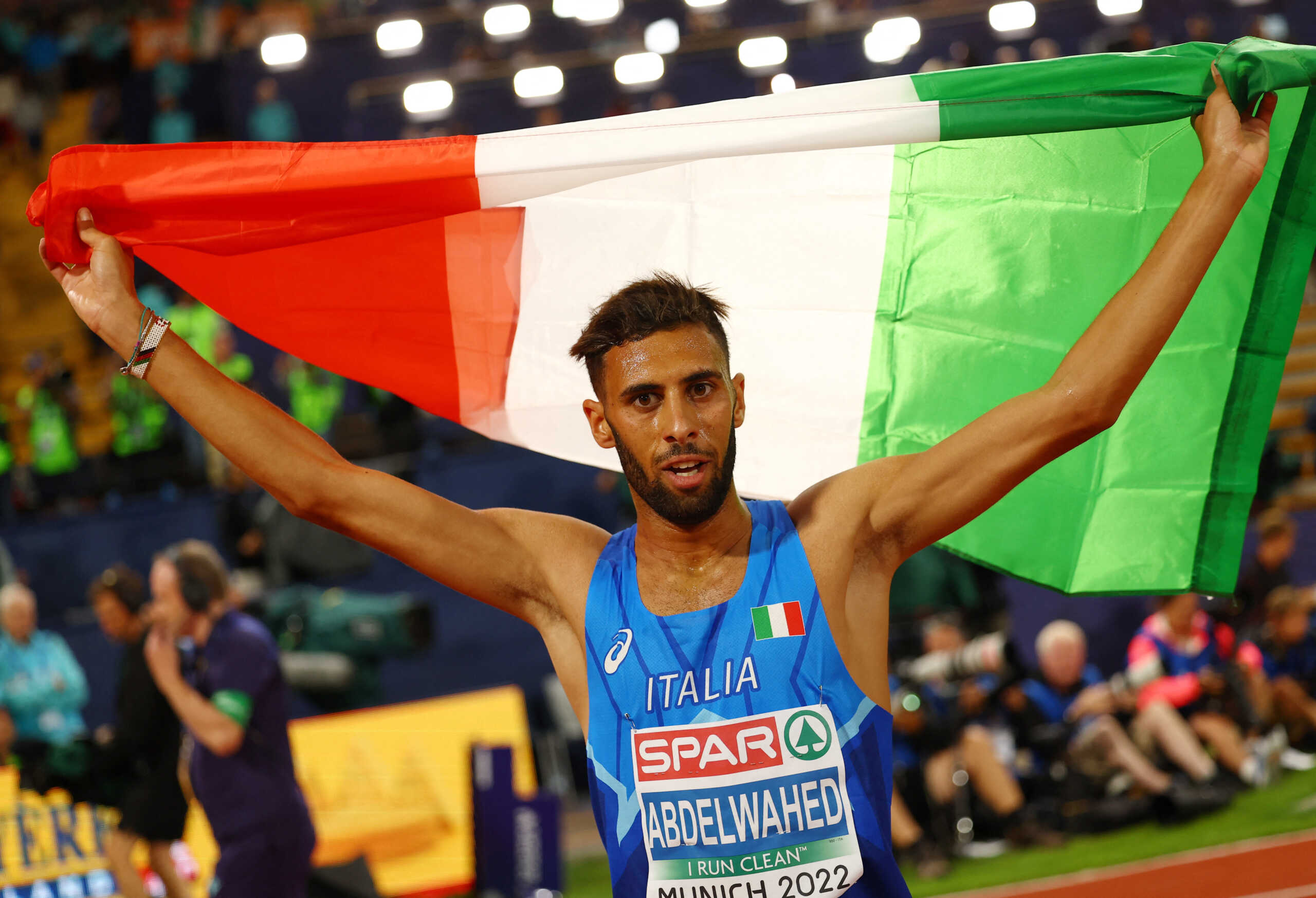 Athletics - 2022 European Championships - Olympiastadion, Munich, Germany - August 19, 2022 Italy's Ahmed Abdelwahed celebrates after winning silver in the men's 3000m steeplechase final REUTERS