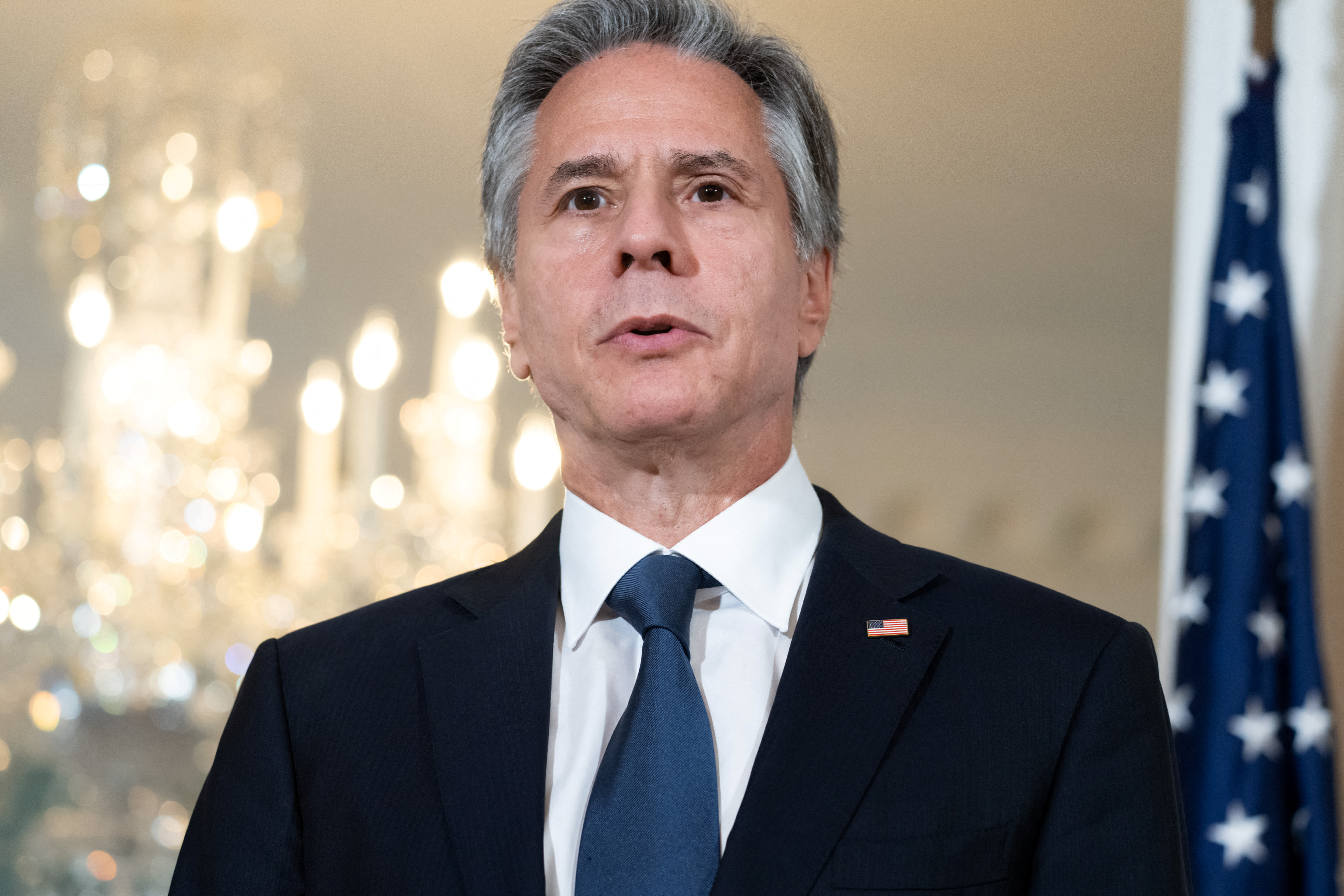 US Secretary of State Antony Blinken speaks to the press prior to meetings with Tajikistan Foreign Minister Sirojiddin Muhriddin at the State Department in Washington, DC, U.S. September 27, 2022. Saul Loeb