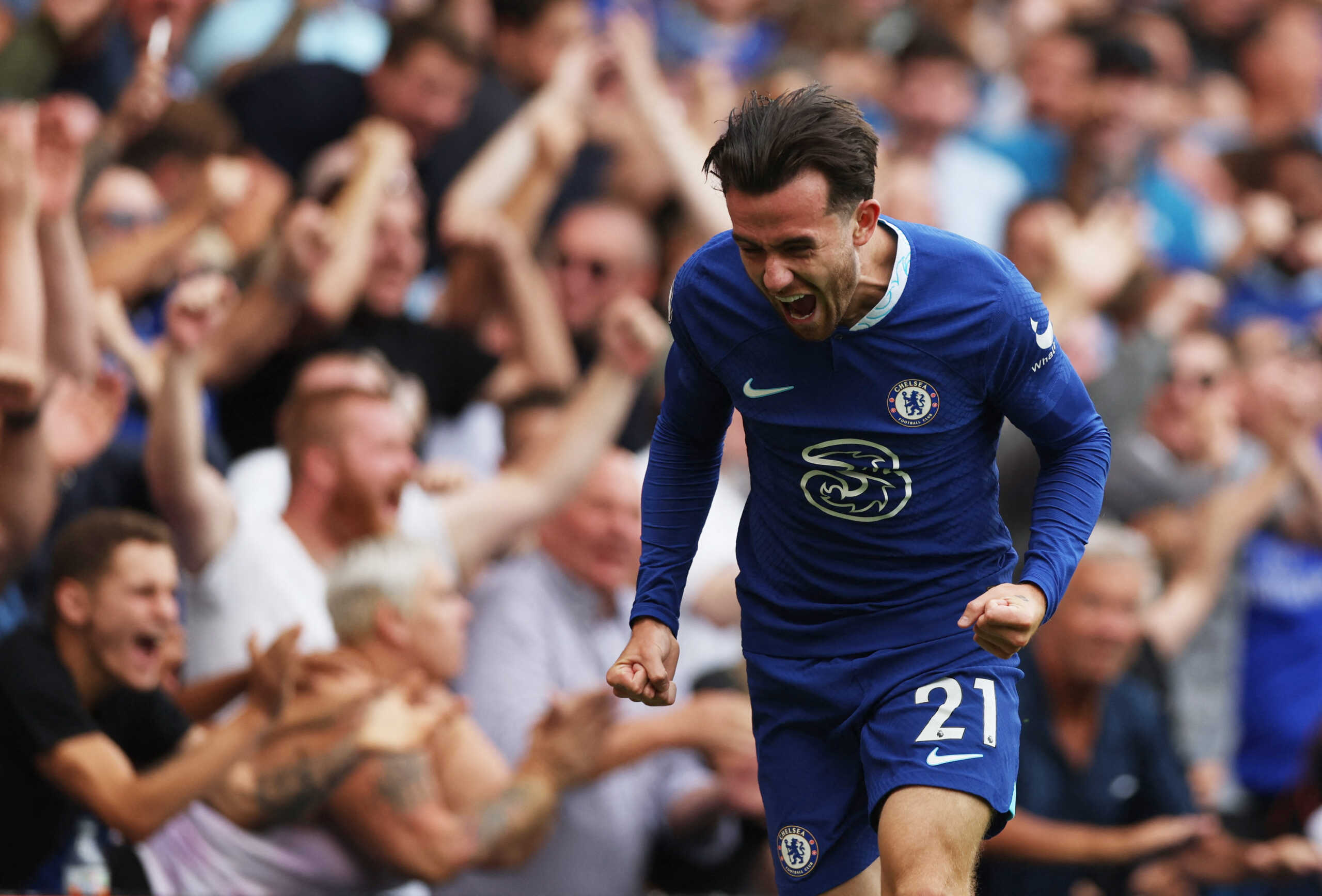 Soccer Football - Premier League - Chelsea v West Ham United - Stamford Bridge, London, Britain - September 3, 2022 Chelsea's Ben Chilwell celebrates scoring their first goal Action Images via Reuters