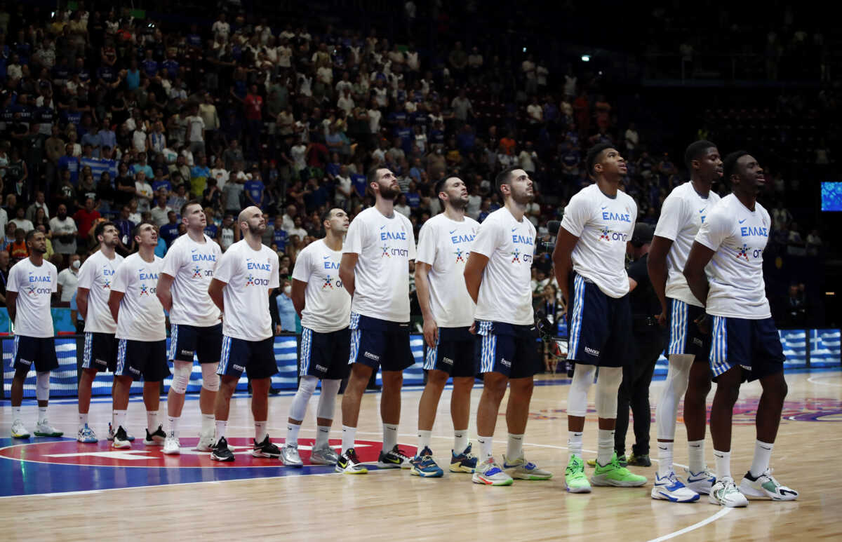Basketball - EuroBasket Championship - Group C - Estonia v Greece - Mediolanum Forum, Assago, Italy - September 8, 2022 Greece players line up during the national anthems before the match REUTERS