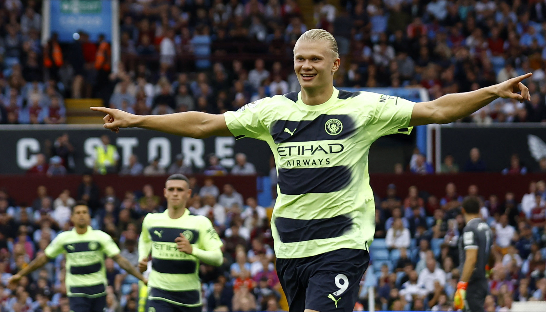 Soccer Football - Premier League - Aston Villa v Manchester City - Villa Park, Birmingham, Britain - September 3, 2022 Manchester City's Erling Braut Haaland celebrates scoring their first goal Action Images via Reuters