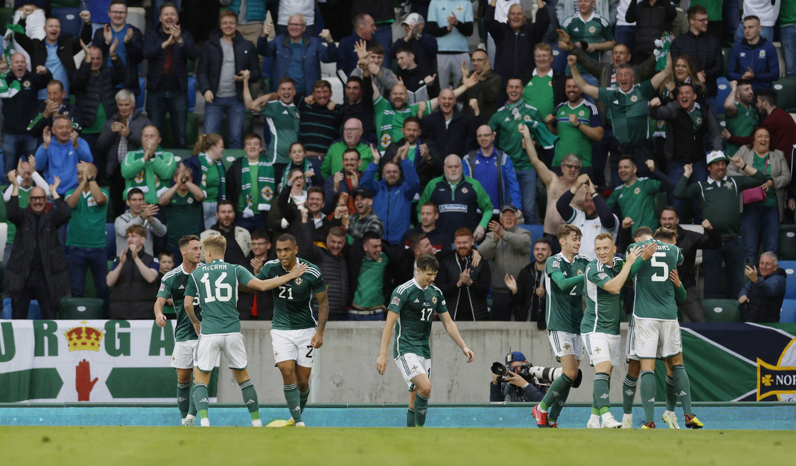 Soccer Football - UEFA Nations League - Group J - Northern Ireland v Kosovo - Windsor Park, Belfast, Northern Ireland, Britain - September 24, 2022 Northern Ireland's Josh Magennis celebrates scoring their second goal with Alistair McCann REUTERS