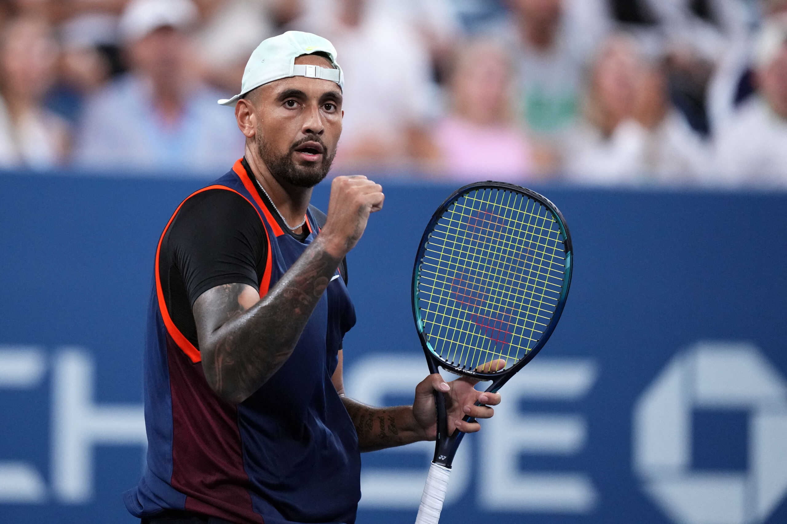Sep 2, 2022; Flushing, NY, USA; Nick Kyrgios of Australia reacts during a match against J.J. Wolf of the United States on day five of the 2022 U.S. Open tennis tournament at USTA Billie Jean King Tennis Center. Mandatory Credit: Danielle Parhizkaran-USA TODAY Sports