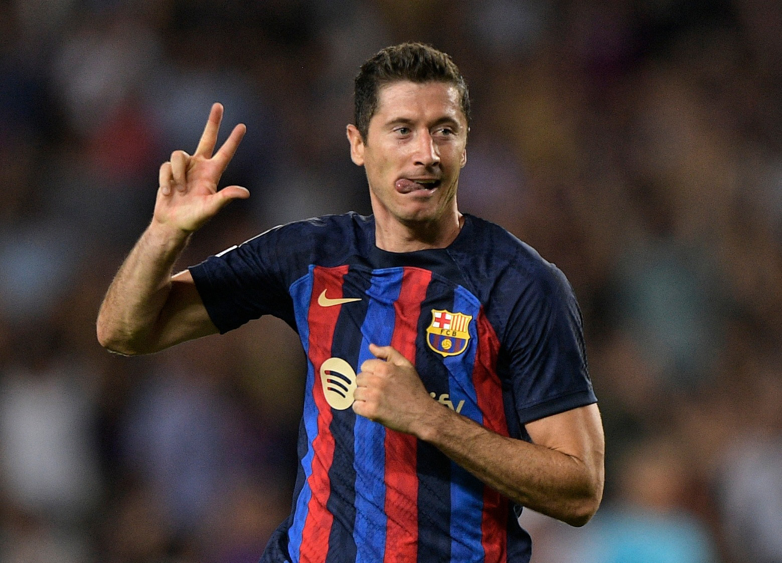Soccer Football - Champions League - Group C - FC Barcelona v Viktoria Plzen - Camp Nou, Barcelona, Spain - September 7, 2022  FC Barcelona's Robert Lewandowski celebrates scoring their fourth goal to complete his hat-trick REUTERS