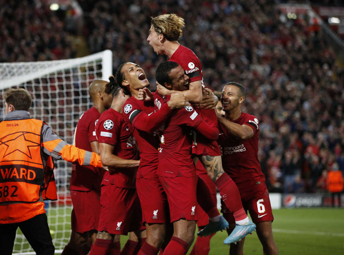 Soccer Football - Champions League - Group A - Liverpool v Ajax Amsterdam - Anfield, Liverpool, Britain - September 13, 2022  Liverpool's Joel Matip celebrates scoring their second goal with teammates Action Images via Reuters