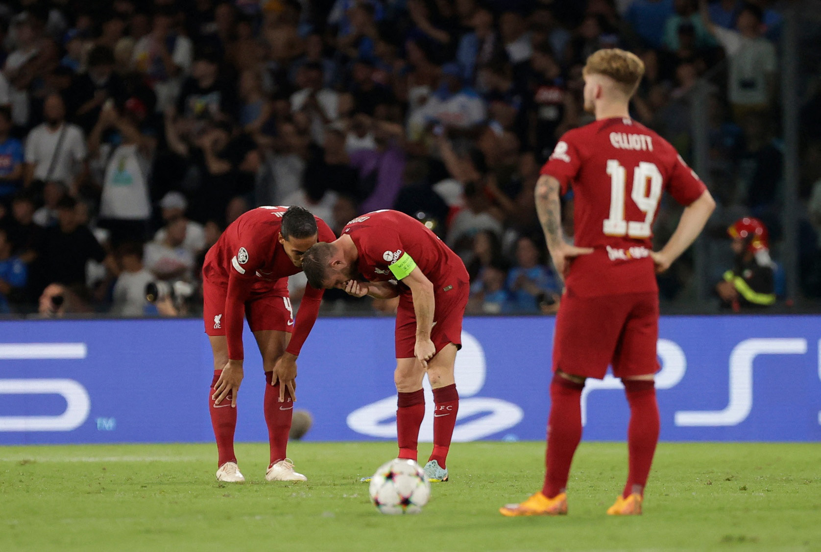 Soccer Football - Champions League - Group A - Napoli v Liverpool - Stadio Diego Armando Maradona, Naples, Italy - September 7, 2022 Liverpool's James Milner and Virgil van Dijk react after Napoli's Piotr Zielinski scored their fourth goal REUTERS