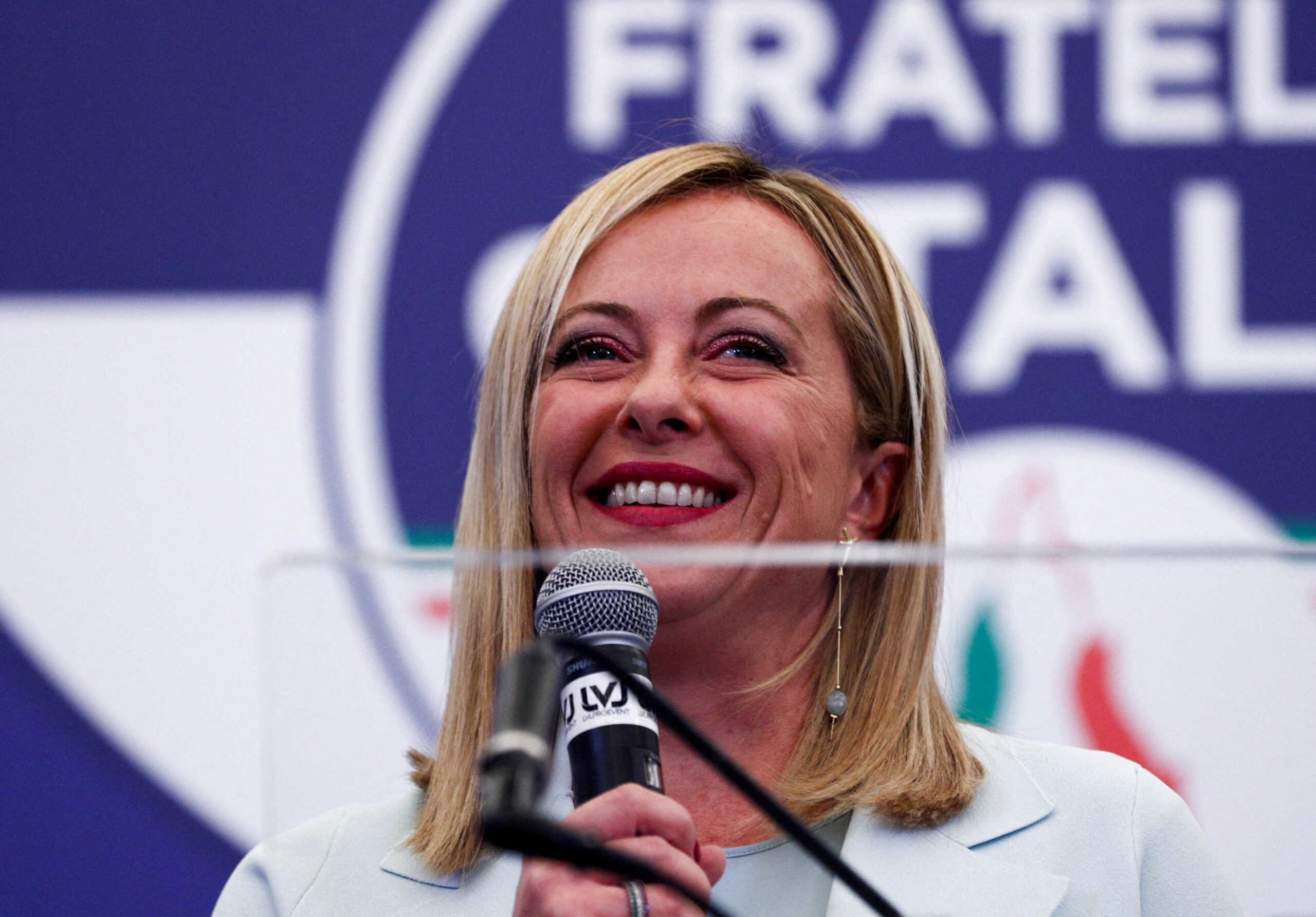 FILE PHOTO: Leader of Brothers of Italy Giorgia Meloni speaks at the party's election night headquarters, in Rome, Italy September 26, 2022. REUTERS