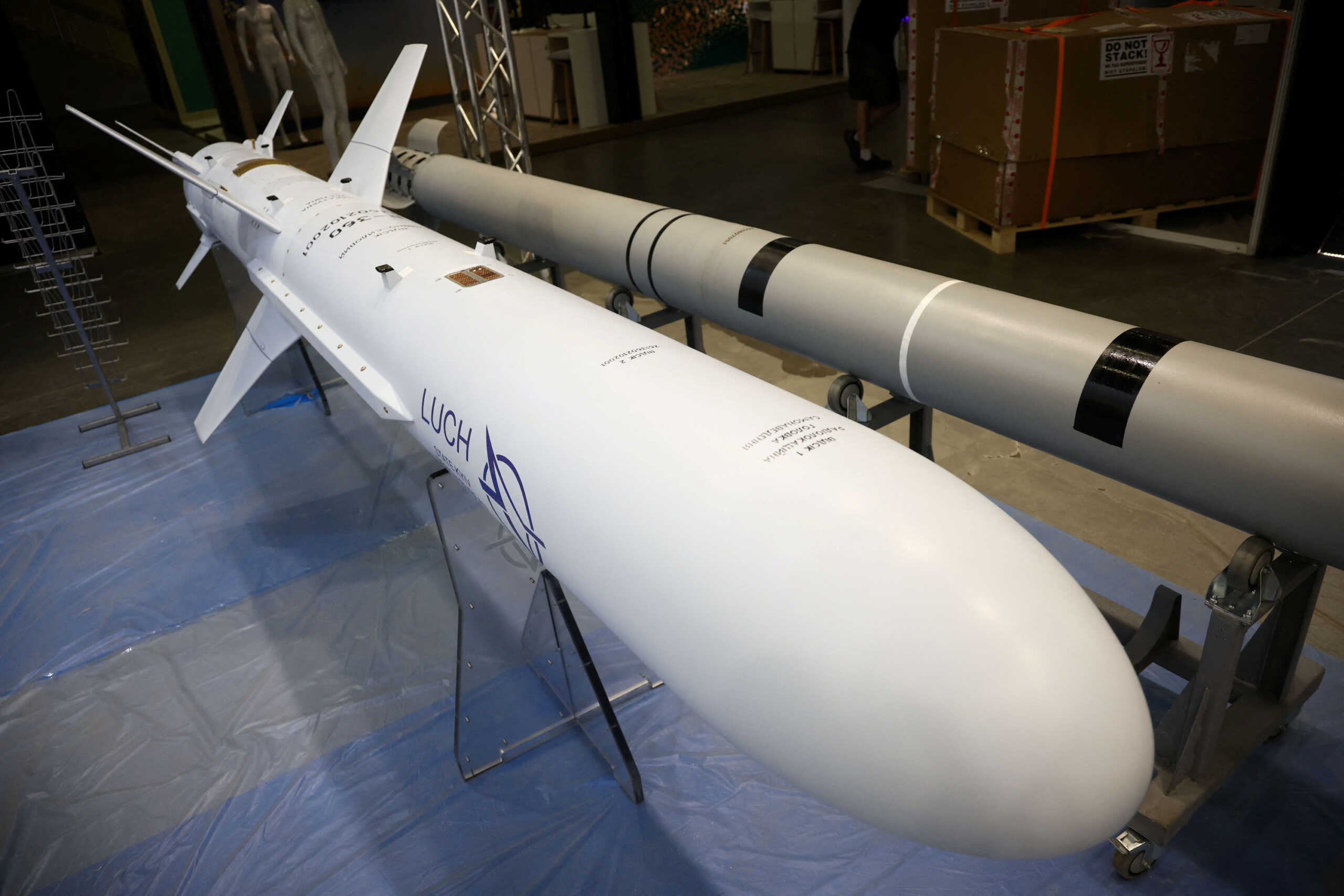 "Neptun" anti-ship missile model designed by State Kyiv Design Bureau "Luch" is seen at the Ukrainian UkrOboronProm stand inside a hall of 30th International Defence Industry Exhibition in Kielce, Poland September 5, 2022. REUTERS