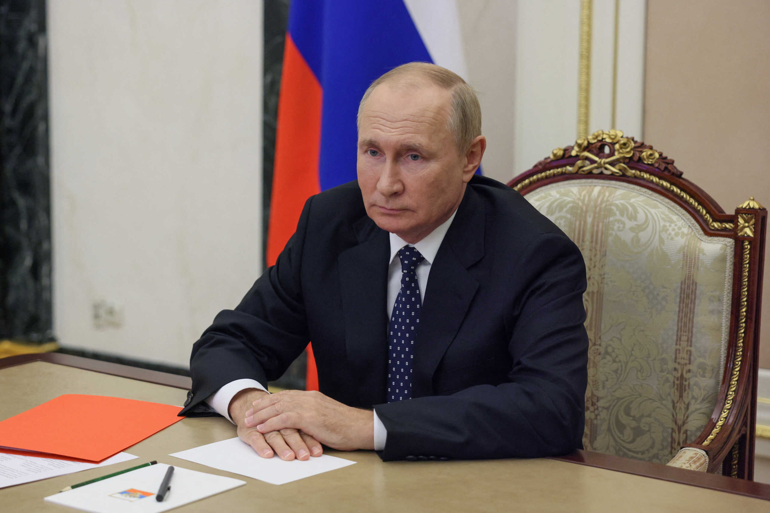Russian President Vladimir Putin chairs a meeting with members of the Security Council via video link at the Kremlin in Moscow, Russia September 23, 2022. Sputnik